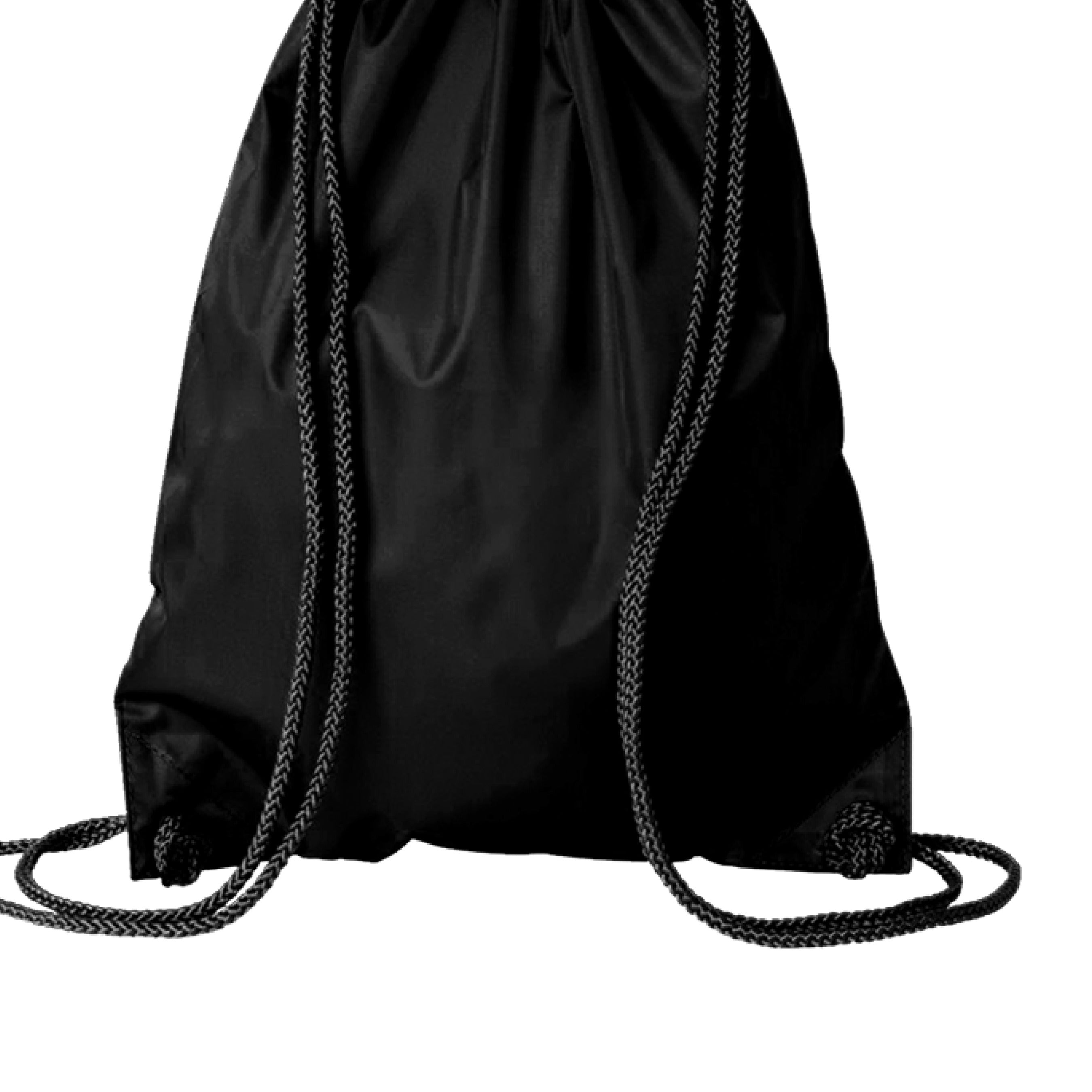 This is the Black Hakuna Matata Drawstring Bag by Lee Hansheng Studios. This is showcasing the back. There are no images or illustrations. The two drawstrings are shown. It is against a white background.