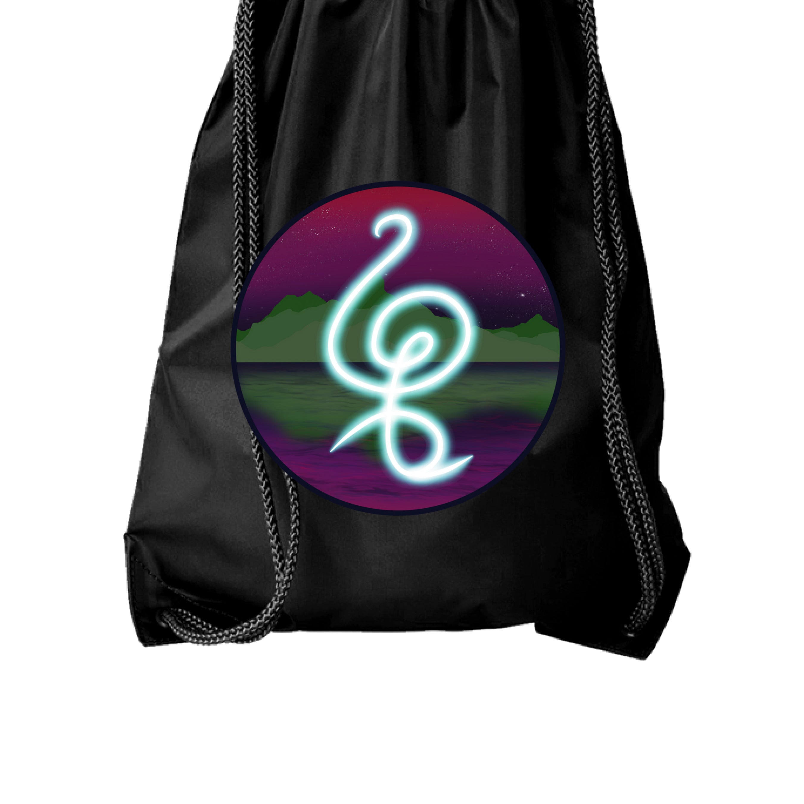 This is the Black Hakuna Matata Drawstring Bag by Lee Hansheng Studios. This is showcasing the front. The illustration is circular and has a glowing, freeform symbol in luminous turquoise against a cosmic horizon of deep purples and greens with twinkling yellow stars. The drawstrings are shown too. It is against a white background.  