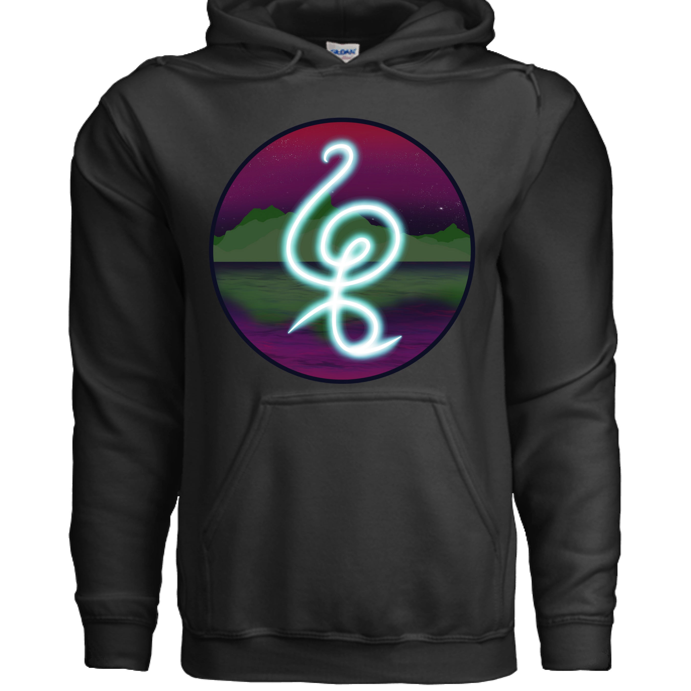 This is the Black Hakuna Matata Hoodie by Lee Hansheng Studios. This is showcasing the front. The illustration is circular and has a glowing, freeform symbol in luminous turquoise against a cosmic horizon of deep purples and greens with twinkling yellow stars. There is a large pouch under the design and drawstrings on the hoodie. White size label can be seen from inside. It is against a white background.  
