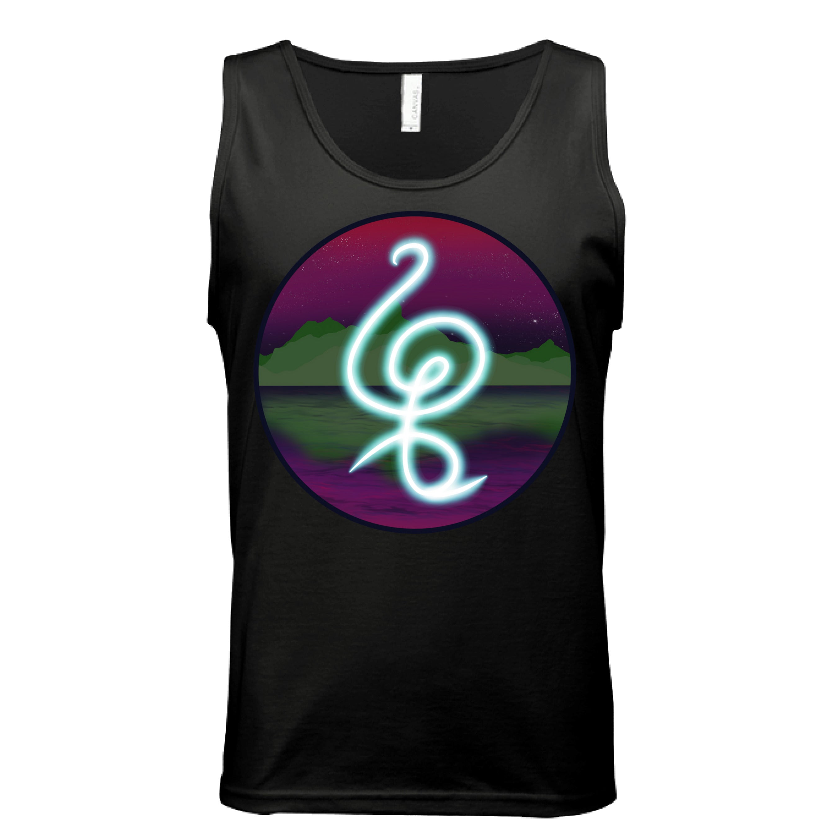 This is the Black Hakuna Matata Tank by Lee Hansheng Studios. This is showcasing the front. The illustration is circular and has a glowing, freeform symbol in luminous turquoise against a cosmic horizon of deep purples and greens with twinkling yellow stars. White size label can be seen from inside. It is against a white background.  