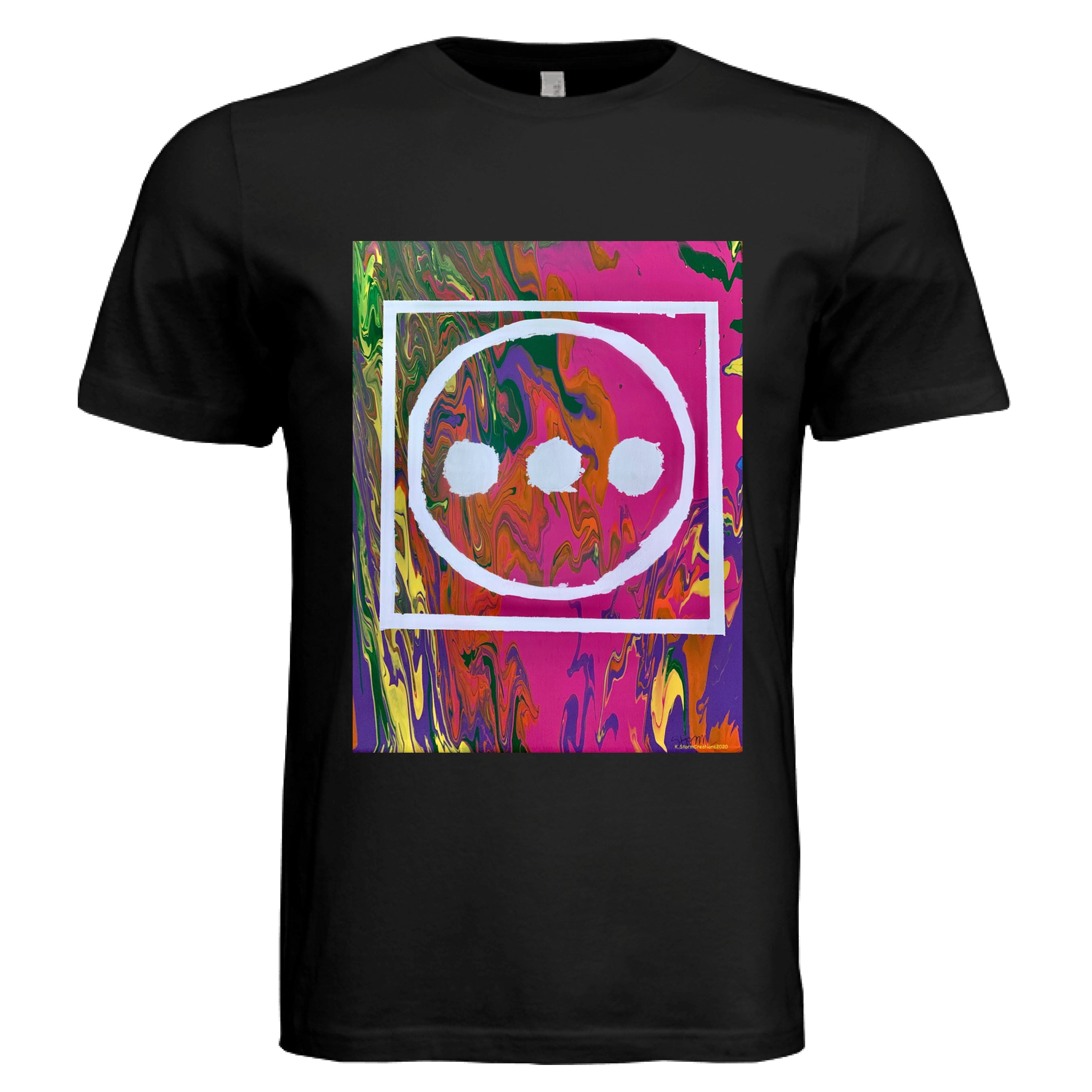 This is the Black High T-Shirt by Storm Garden Studio. This image is showcasing the front of the shirt. The illustration is vibrant with pink, orange, yellow, green and purple colors in the background with "...", outlined circle and outline square in white. It is against a white background. 
