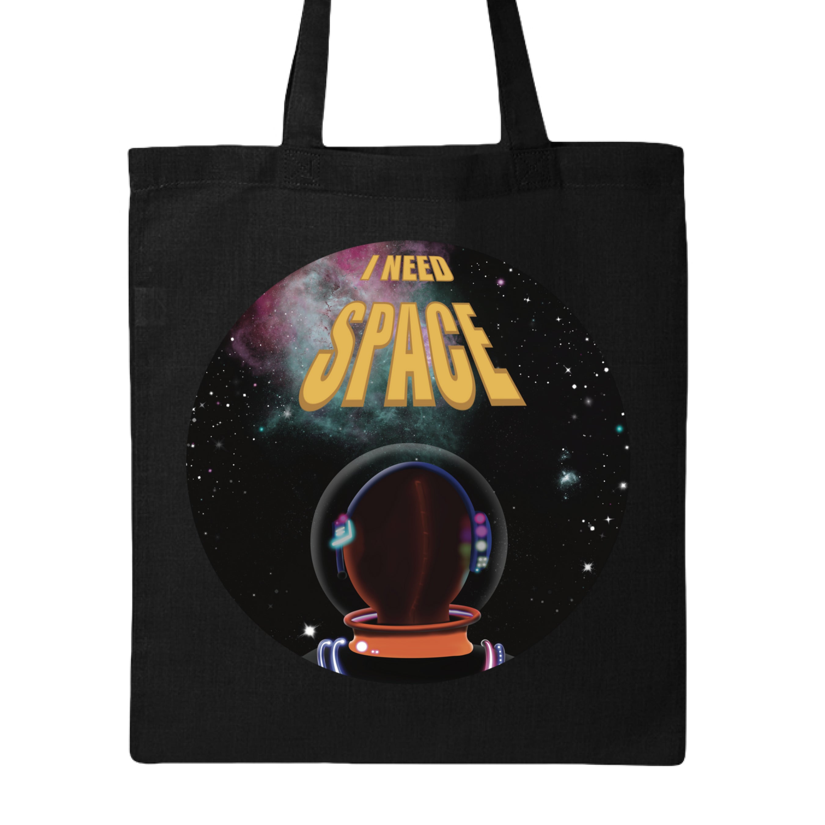 This is the Black I Need Space Canvas Tote by Lee Hansheng Studios. This is showcasing the front of the tote. The design is a circle and of an astronaut facing the front. The astronaut is looking towards space black sky, twinkling green, yellow, pink stars and nebula that is pink/red and green closer to the left. The words in yellow, "I NEED SPACE" in the middle, space being larger font than I need. It is against a white background. 