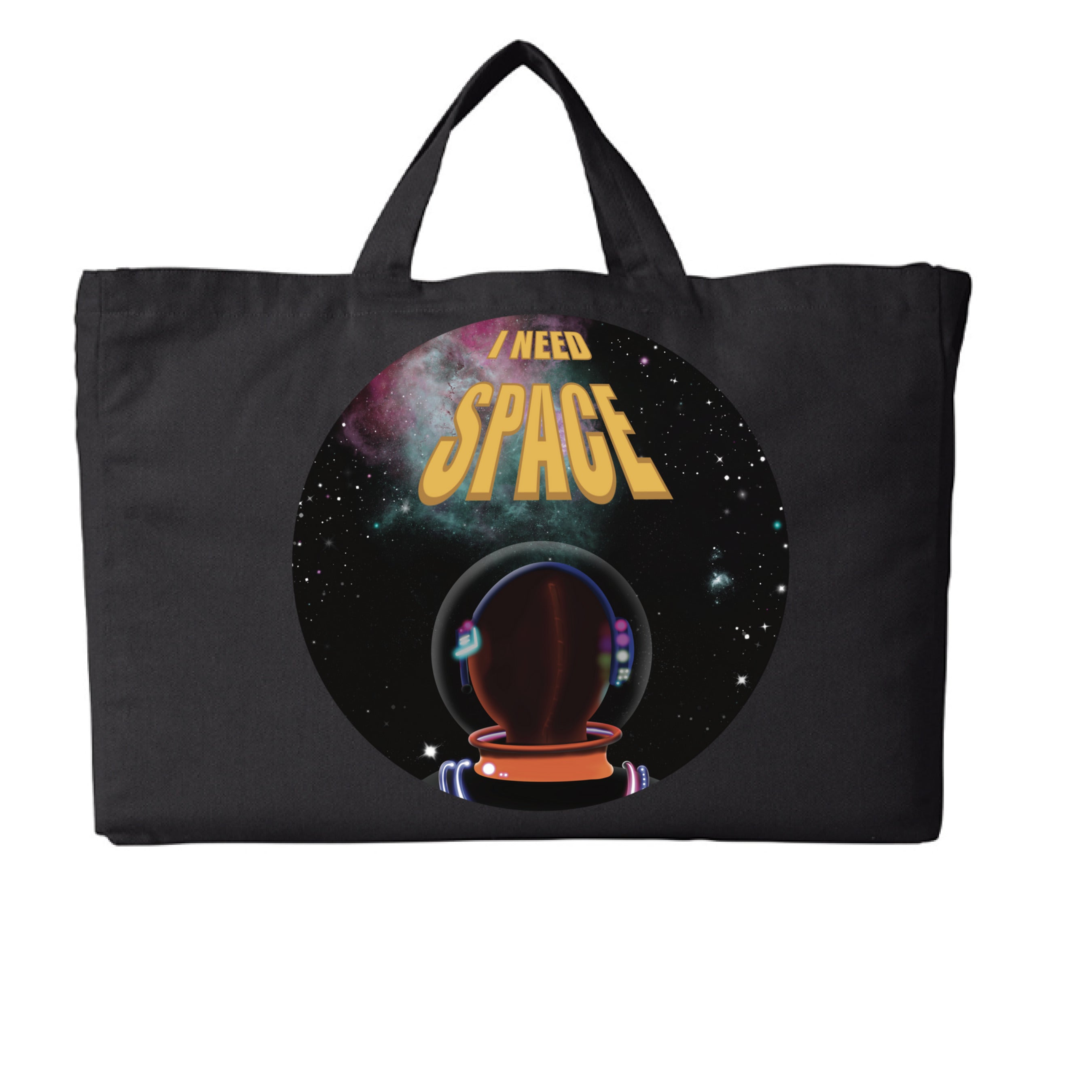 This is the Black I Need Space G2G Tote by Lee Hansheng Studios. This is showcasing the front and is an oversized tote. The design is a circle and of an astronaut facing the front. The astronaut is looking towards space black sky, twinkling green, yellow, pink stars and nebula that is pink/red and green closer to the left. The words in yellow, "I NEED SPACE" in the middle, space being larger font than I need. It is against a white background. 
