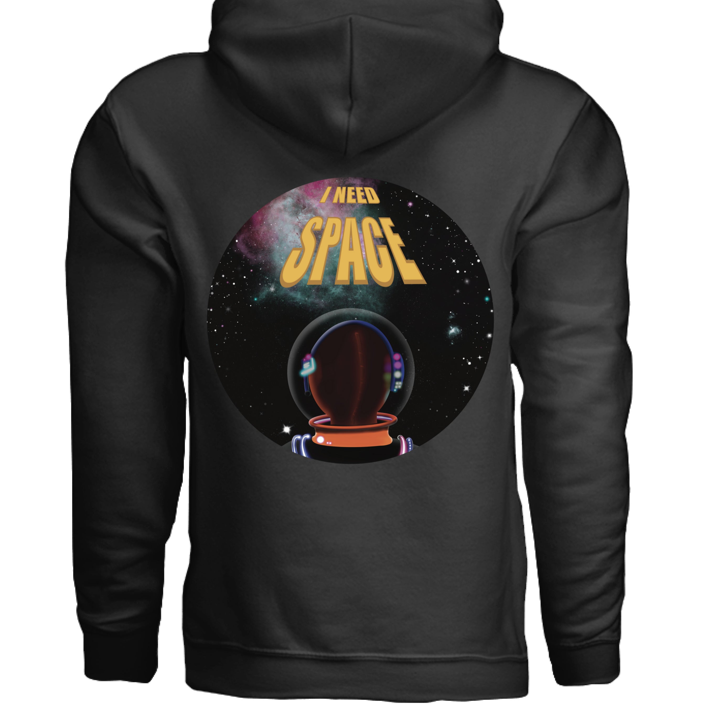 This is the Black I Need Space Muscle Tank by Lee Hansheng Studios. This is showcasing the back. The design is a circle and of an astronaut facing the front. The astronaut is looking towards space black sky, twinkling green, yellow, pink stars and nebula that is pink/red and green closer to the left. The words in yellow, "I NEED SPACE" in the middle, space being larger font than I need. The hood is showing and the design is below the hood. It is against a white background. 