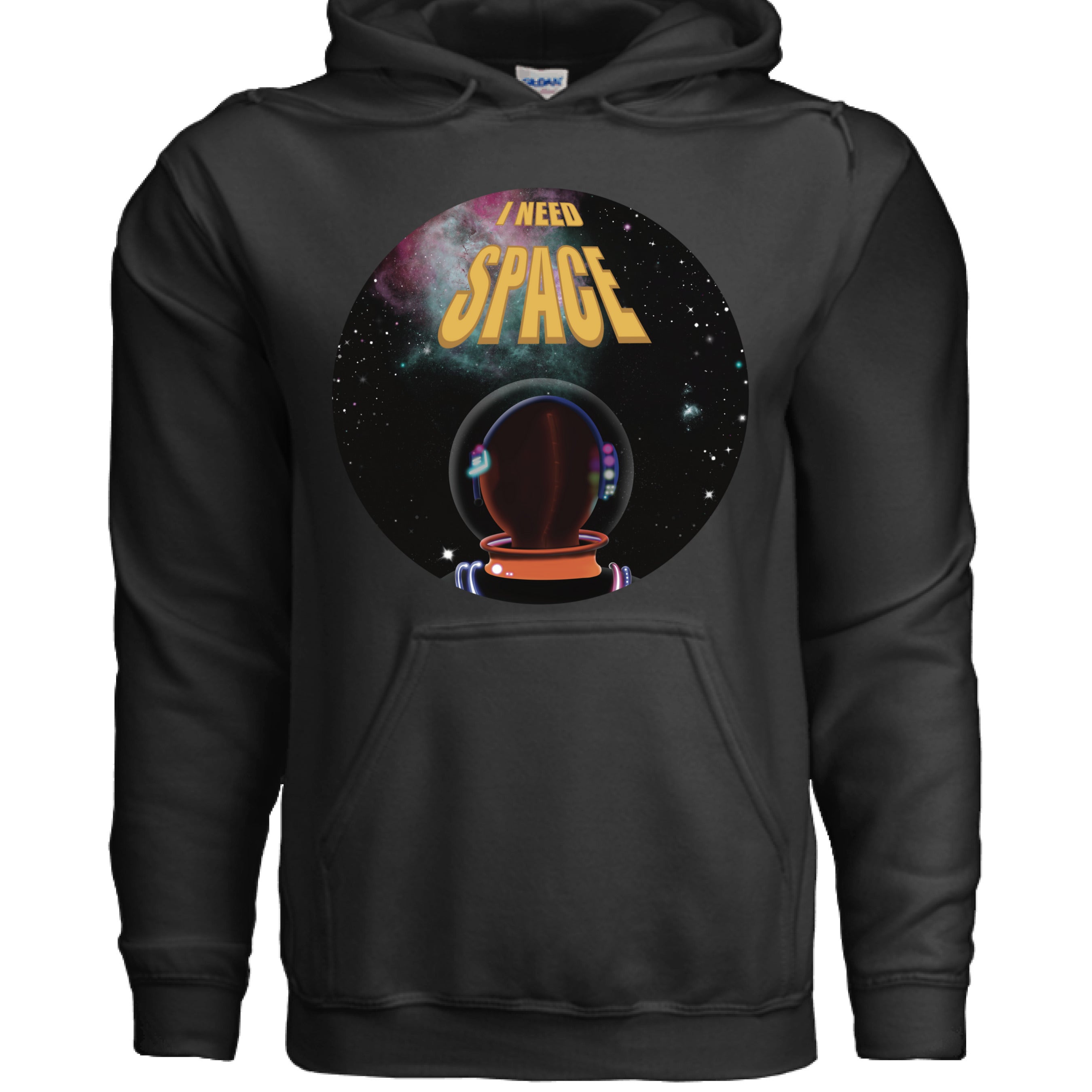 This is the Black I Need Space Hoodie by Lee Hansheng Studios. This showcases the front. The design is a circle and of an astronaut facing the front. The astronaut is looking towards space black sky, twinkling green, yellow, pink stars and nebula that is pink/red and green closer to the left. The words in yellow, "I NEED SPACE" in the middle, space being larger font than I need. There is a large pocket under the design and drawstrings for the hoodie. The white size label can be seen inside.