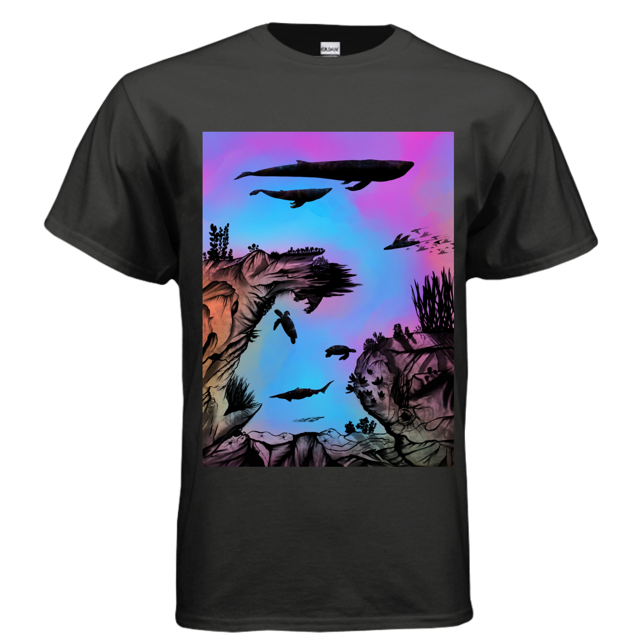 This is the Black Into the Abyss T-Shirt by Lee Hansheng Studios. This is showcasing the front. The illustration is of an otherworldly underwater world alive with graceful black silhouettes drifting against a luminous gradient of blues, purples, and warm tones throughout the water. To the left, right and bottom are sediment, rocks, seaweed throughout. The top has a humpback whale, another whale, below are a pool of mantis rays, two sea turtles, sea of fish. The white size label can be seen.
