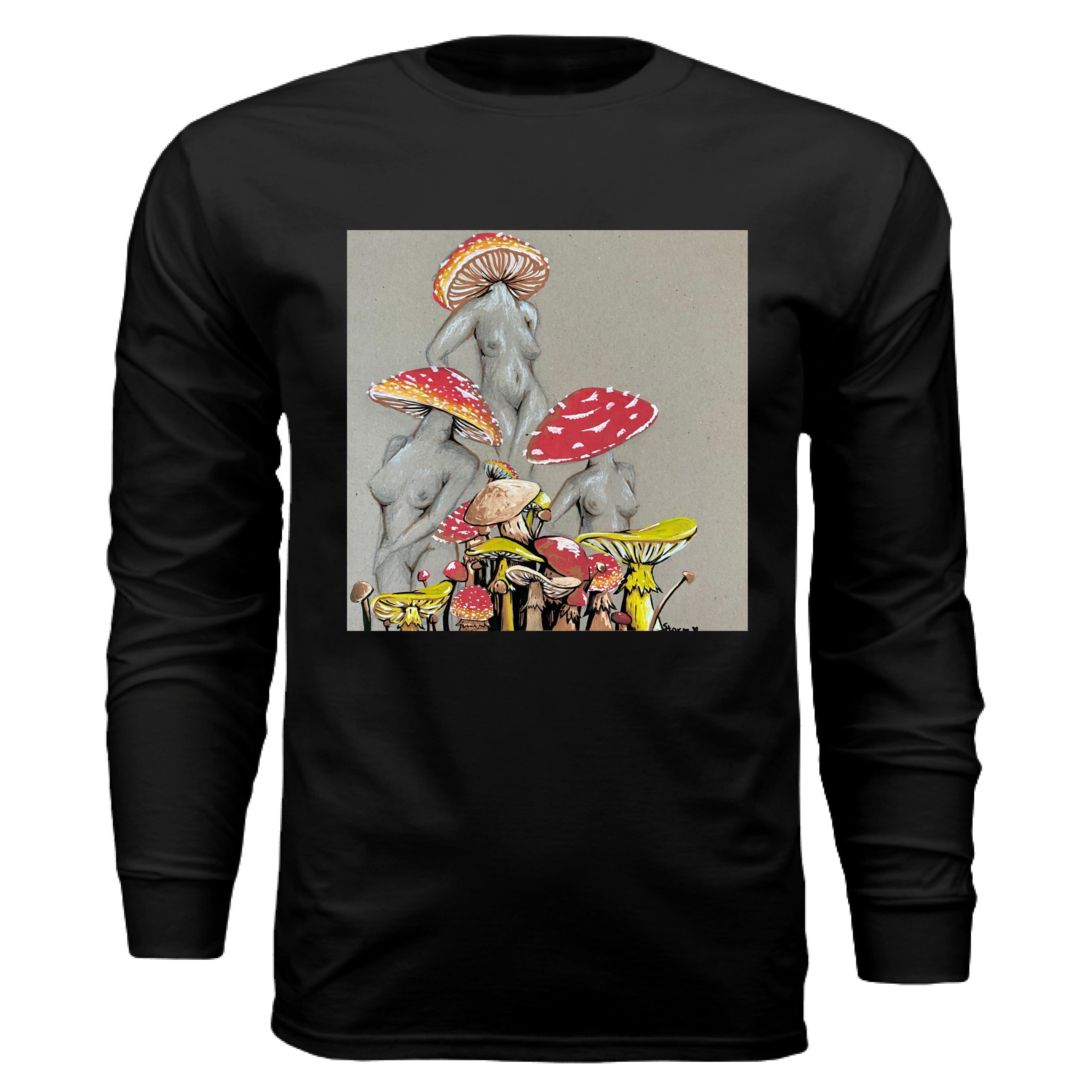 This is the Black Miss Amanita Long Sleeve by Storm Garden Studio. This is showcasing the front. This illustration is on tan/grey background. There are three fusions of female human anatomy and mushroom fungi. Their heads are different styles of mushrooms, bodies are a gray/white outlined in brown. Below are different mushrooms and shapes with a mix of tan, red, white and yellow colors. It is against a white background.