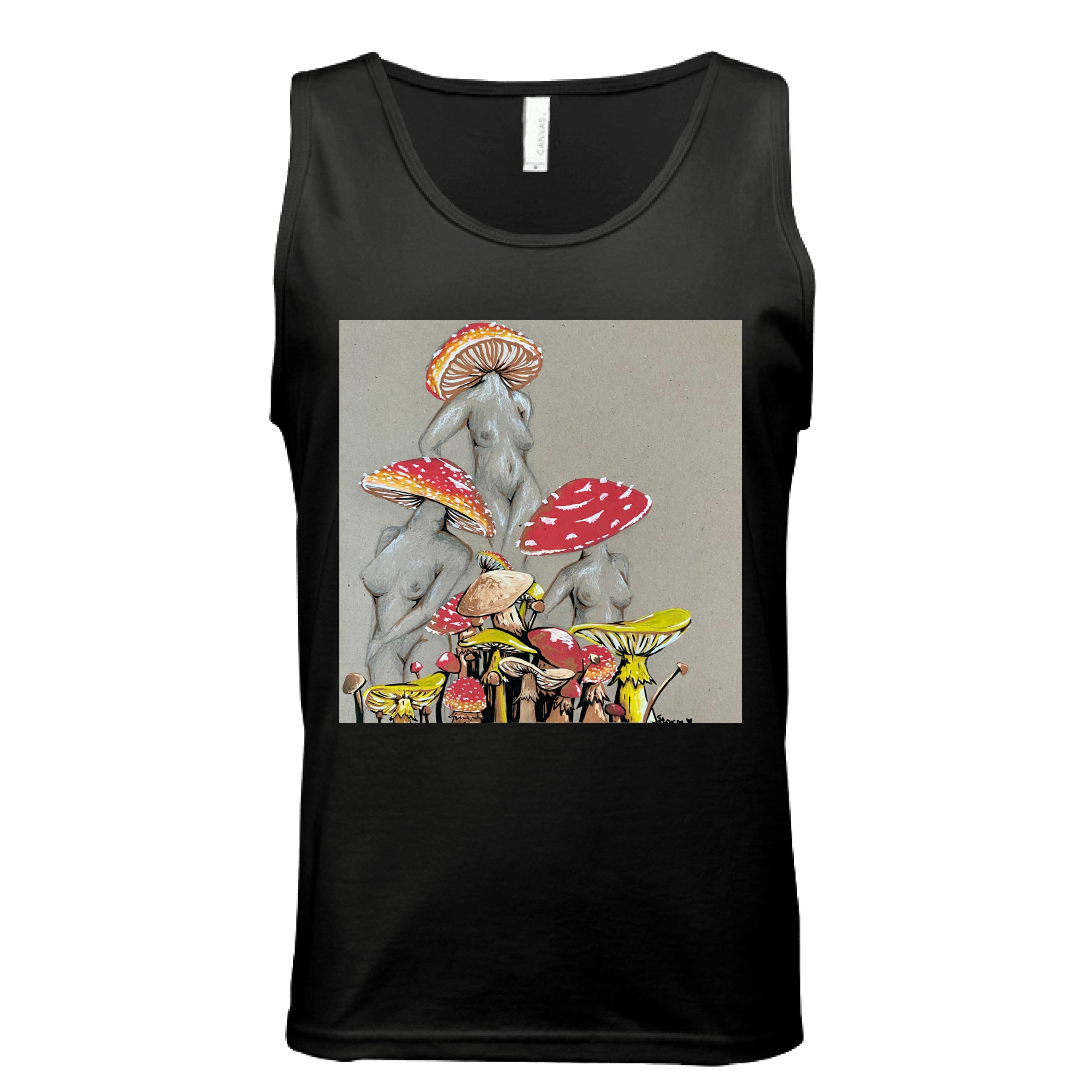 This is the Black Miss Amanita Muscle Tank by Storm Garden Studio. This is showcasing the front. This illustration is on tan/grey background. There are three fusions of female human anatomy and mushroom fungi. Their heads are different styles of mushrooms, bodies are a gray/white outlined in brown. Below are different mushrooms and shapes with a mix of tan, red, white and yellow colors. It is against a white background.