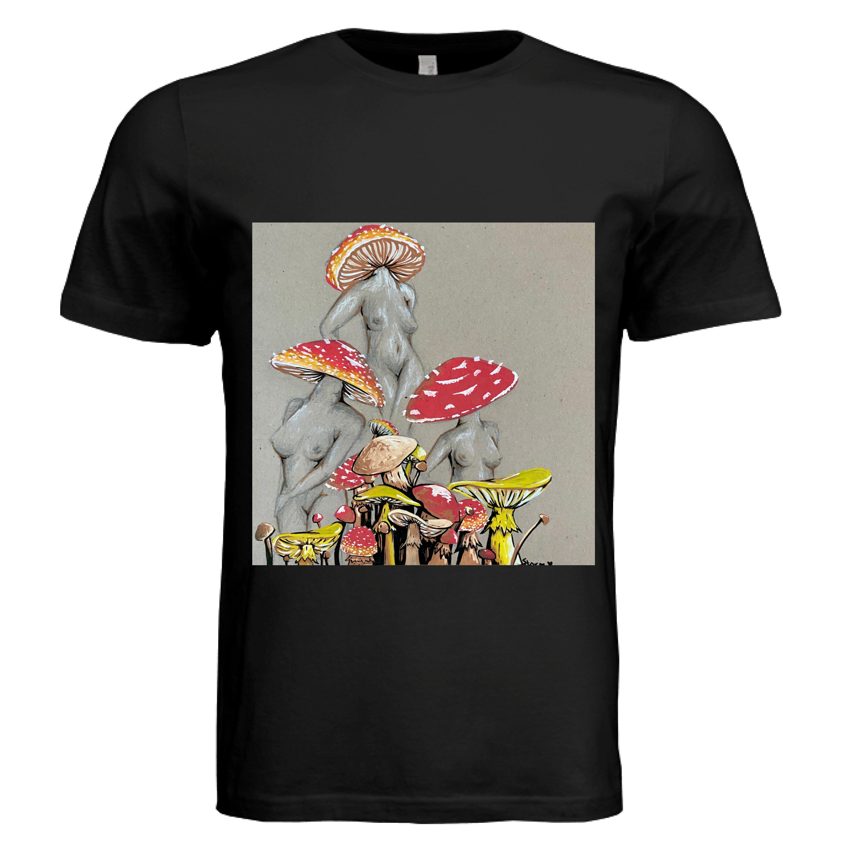 This is the Black Miss Amanita T-Shirt by Storm Garden Studio. This is showcasing the front. This illustration is on tan/grey background. There are three fusions of female human anatomy and mushroom fungi. Their heads are different styles of mushrooms, bodies are a gray/white outlined in brown. Below are different mushrooms and shapes with a mix of tan, red, white and yellow colors. It is against a white background.