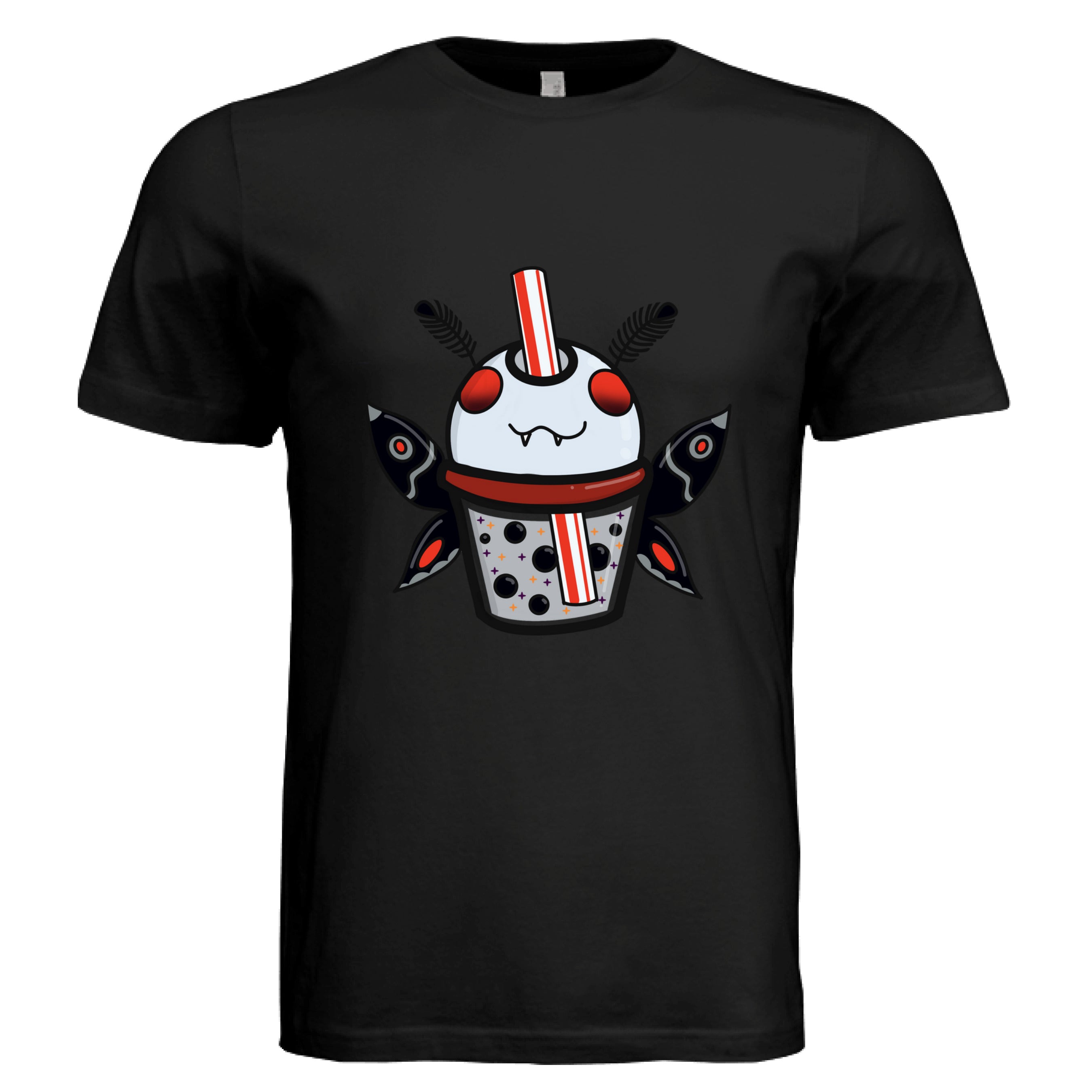 This is the Black Mothman Boba T-Shirt by Dazzle & Daggers Design. This is showcasing the front of the shirt. There is an illustration of a moth boba that is gray, red eyes, inside the glass is gray with black boba, red dots, black, red, gray both wings and fluffly black antennas, red and white striped straw. It is against a white background.