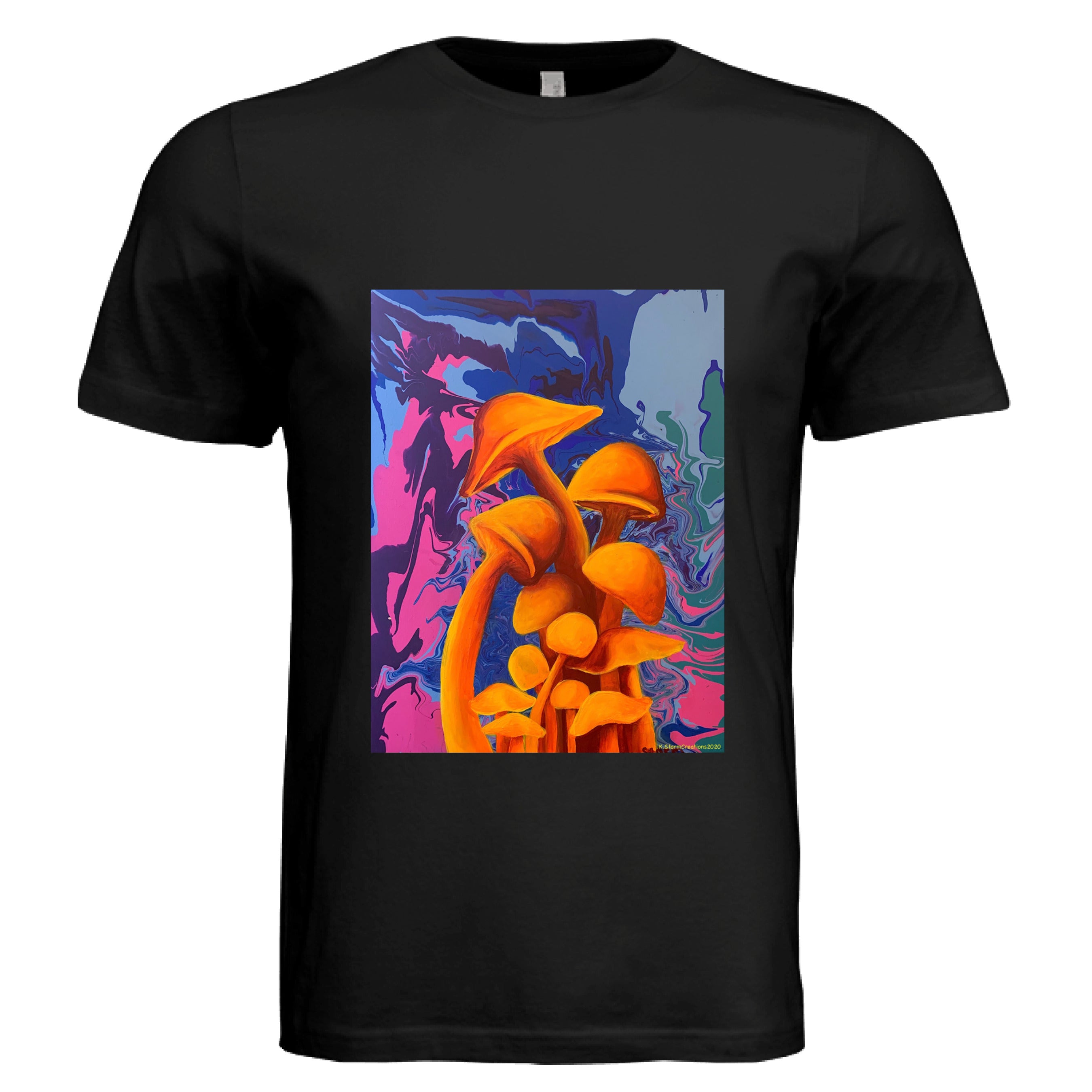 This is the Black Mushroom T-Shirt by Storm Garden Studio. This is showcasing the front of the shirt. The illustration is of 11 blazing orange fungis with a swirling background that includes blue, green, dark blue, purple and pink colors. The mushrooms are different shapes and sizes starting form the middle and reaching towards the top. It is against a white background.
