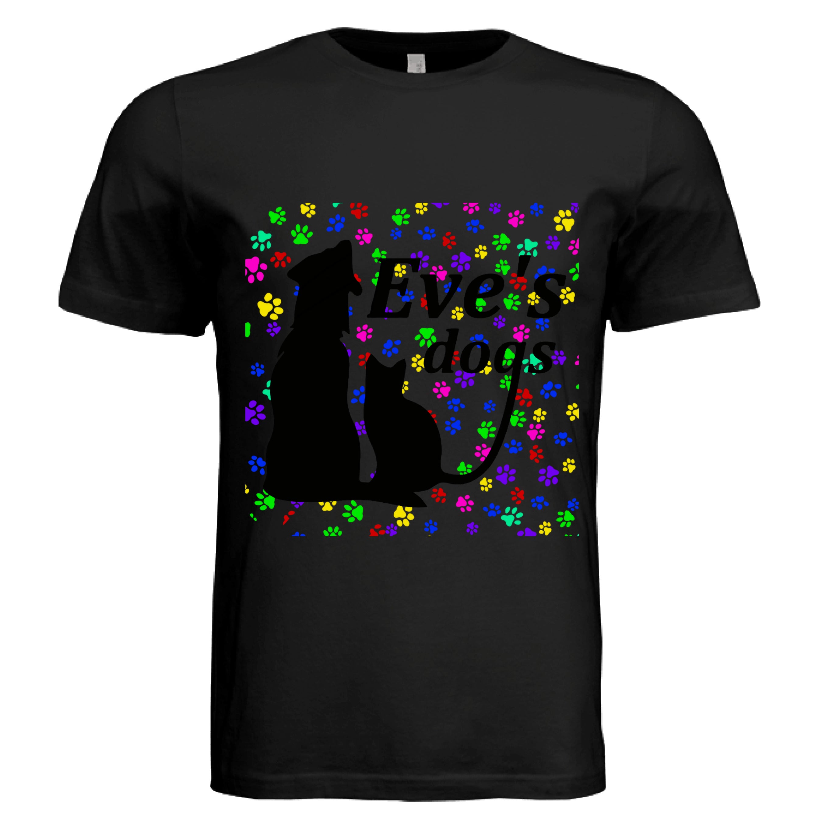 This is the Black Paws on Paws Adopt Eve's Dogs T-Shirt to help raise awareness and adopt. This is showcasing the front of the shirt. There is an image of their logo which is in black writing of "Eve's Dogs". The "g" connects to the tail of the cat who is sitting next to the dog. Both are black shadows. The background is colorful paw prints which is bright green, blue pink, yellow and red. The white size label can be seen at the inside of the shirt. It is against a white background.