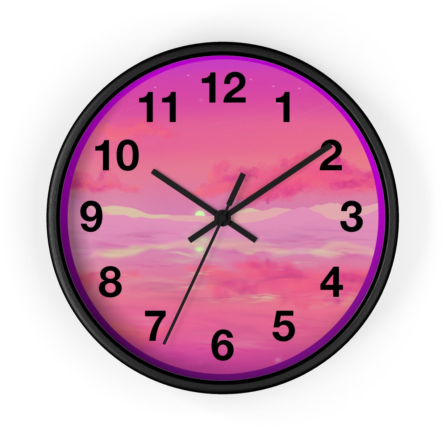 This is the 10" Black Base Pink Dreamscape Wall Clock with black hands by Lee Hansheng Studios.The front of the image with two black clock hands, numerals and the illustration behind it.The illustration has the sky and clouds. Different pinks and hues blended into the clouds and spreads outwards.There are dark purples on the side and yellows near the middle of the art piece. The clock is against a white background. 