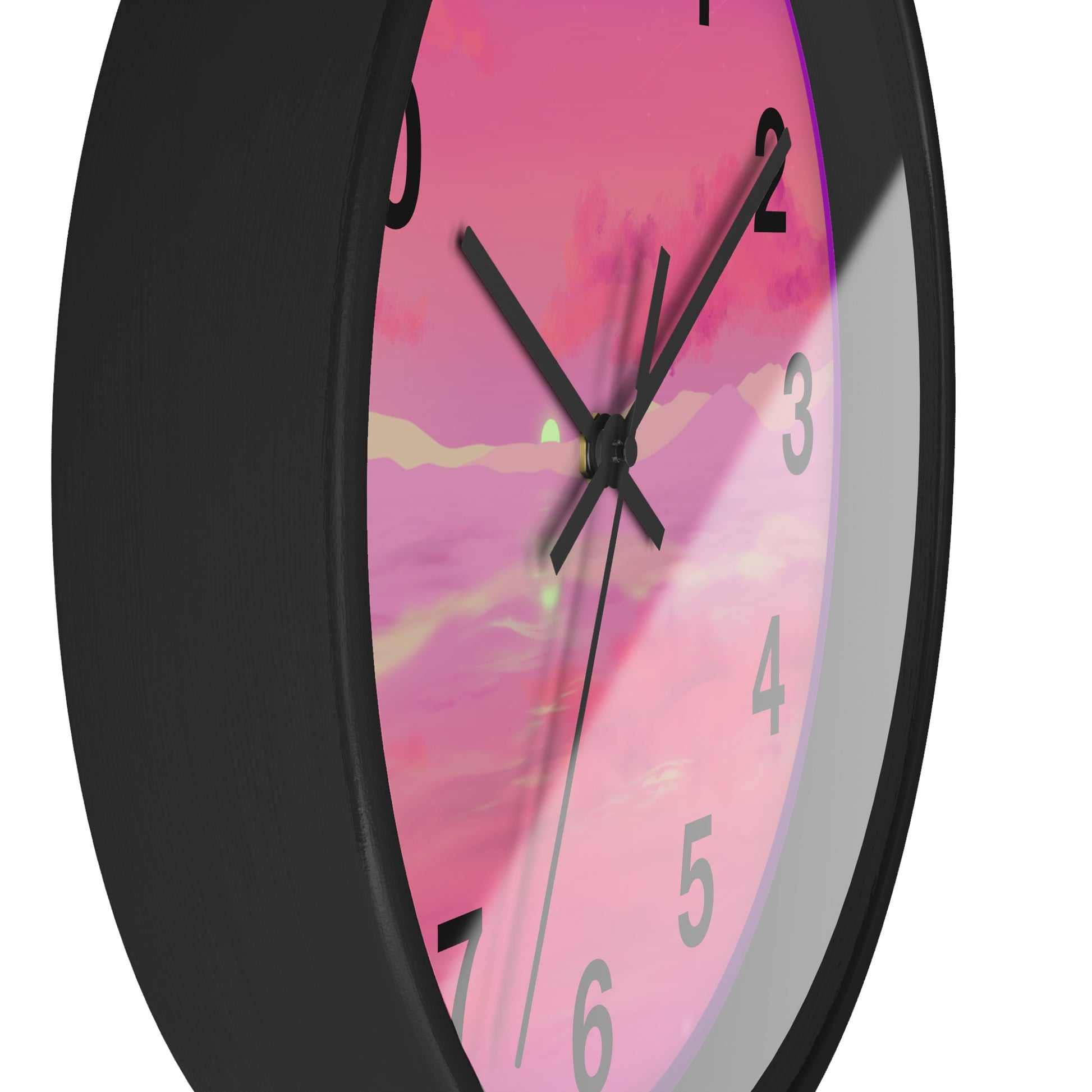 This is the 10" Black Base Pink Dreamscape Wall Clock with black hands by Lee Hansheng Studios.The image is from the side which shows the rim of the clock. There are two black clock hands, numerals and the illustration behind it.The illustration has the sky and clouds. Different pinks and hues blended into the clouds and spreads outwards.There are dark purples on the side and yellows near the middle of the art piece. 