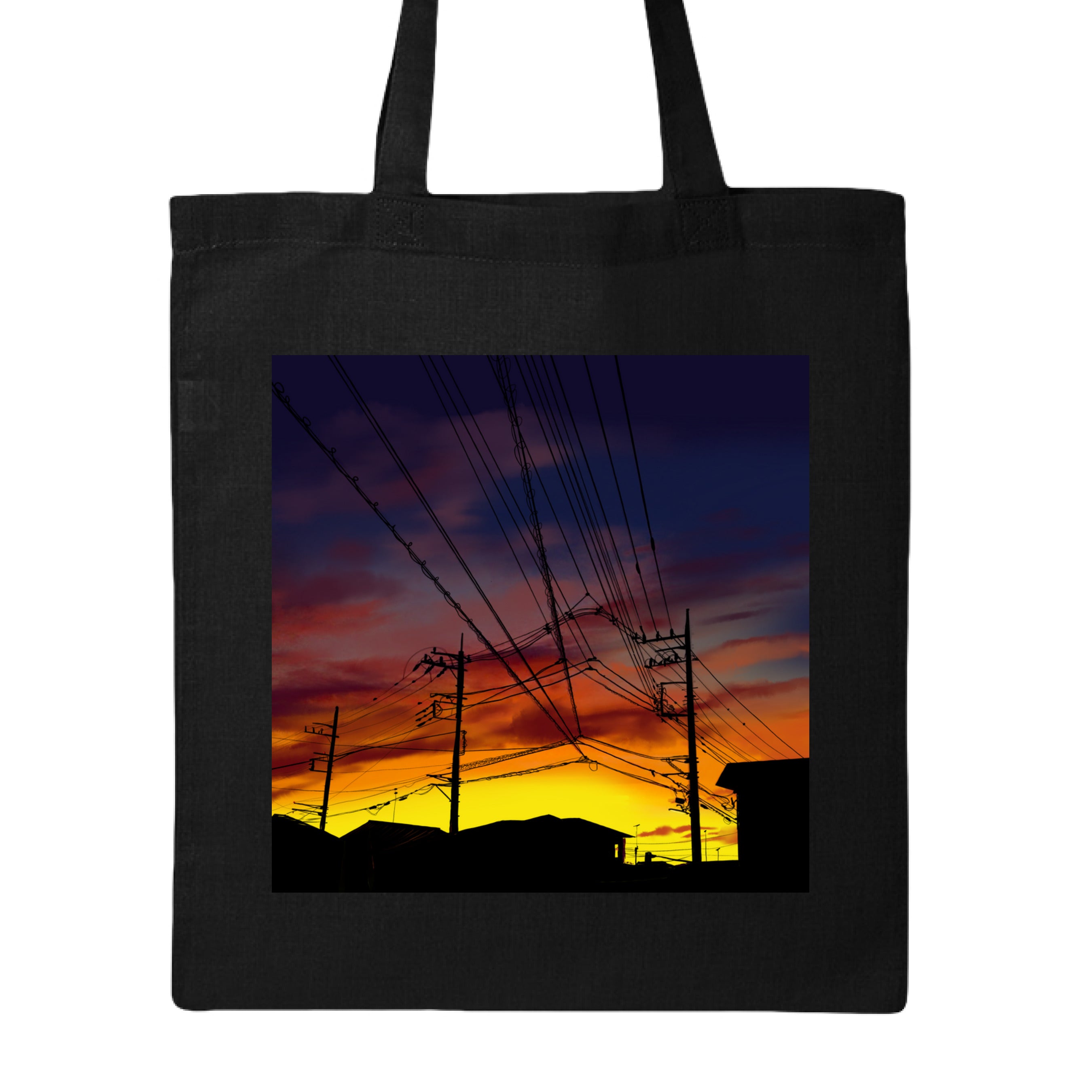 This is the Black Saitama Sunset Canvas Tote by Lee Hansheng Studios. This is showcasing the back. There's no images or illustrations on the back. It is against a white background. 