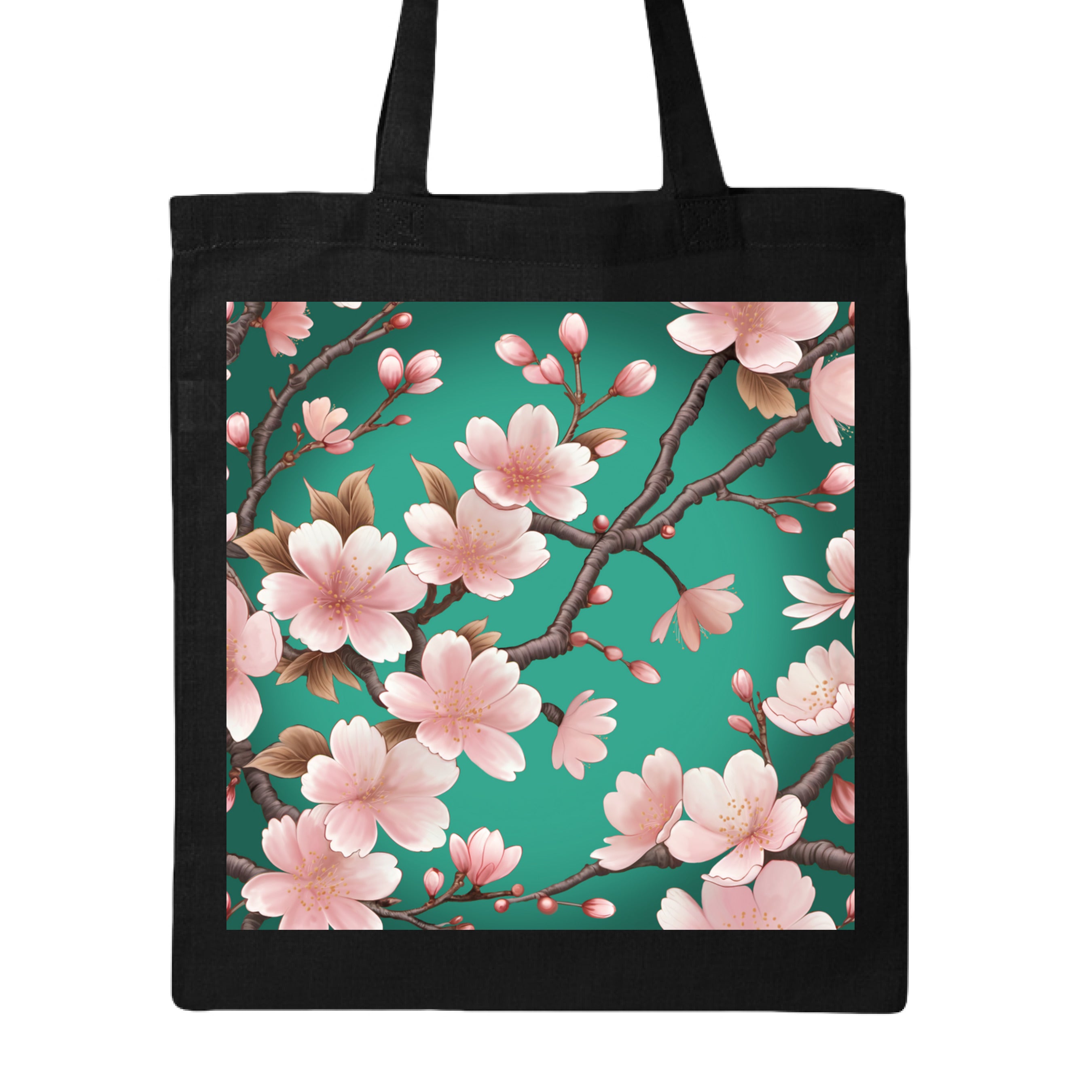 This is the Black Sakura Canvas Tote by Lee Hansheng Studios. This is showcasing the front of the tote. The illustration has a vibrant green background with soft pink cherry blossom blooms of petals on dark brown/grey branches celebrating hanami season. There are fully bloomed flowers and some buds throughout. It is against a white background. 