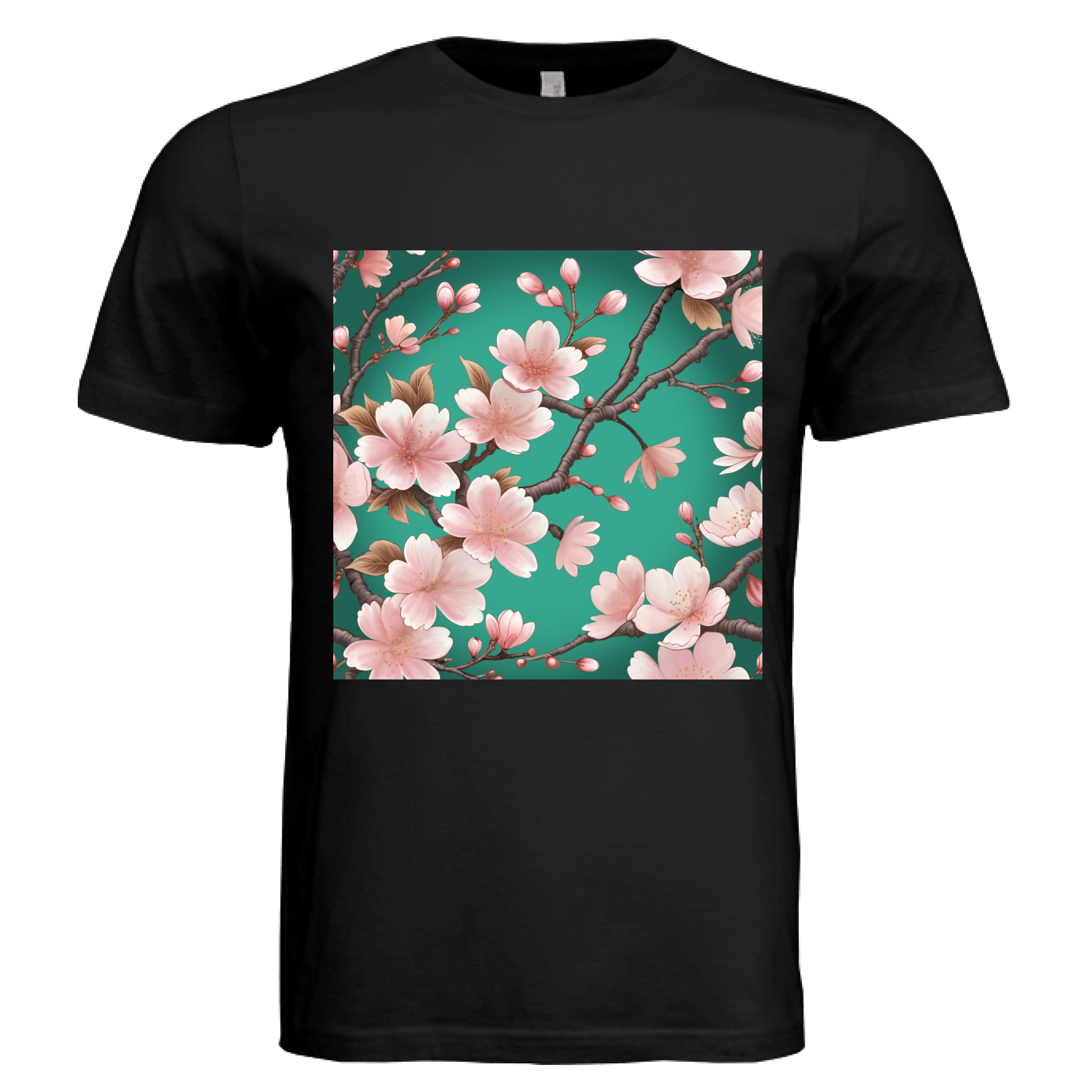 This is the Black Sakura T-Shirt by Lee Hansheng Studios. This is showcasing the front of the shirt. The illustration has a vibrant green background with soft pink cherry blossom blooms of petals on dark brown/grey branches celebrating hanami season. There are fully bloomed flowers and some buds throughout. The white size tag can be seen from the back. The image is from the chest to above the belly button. It is against a white background. 