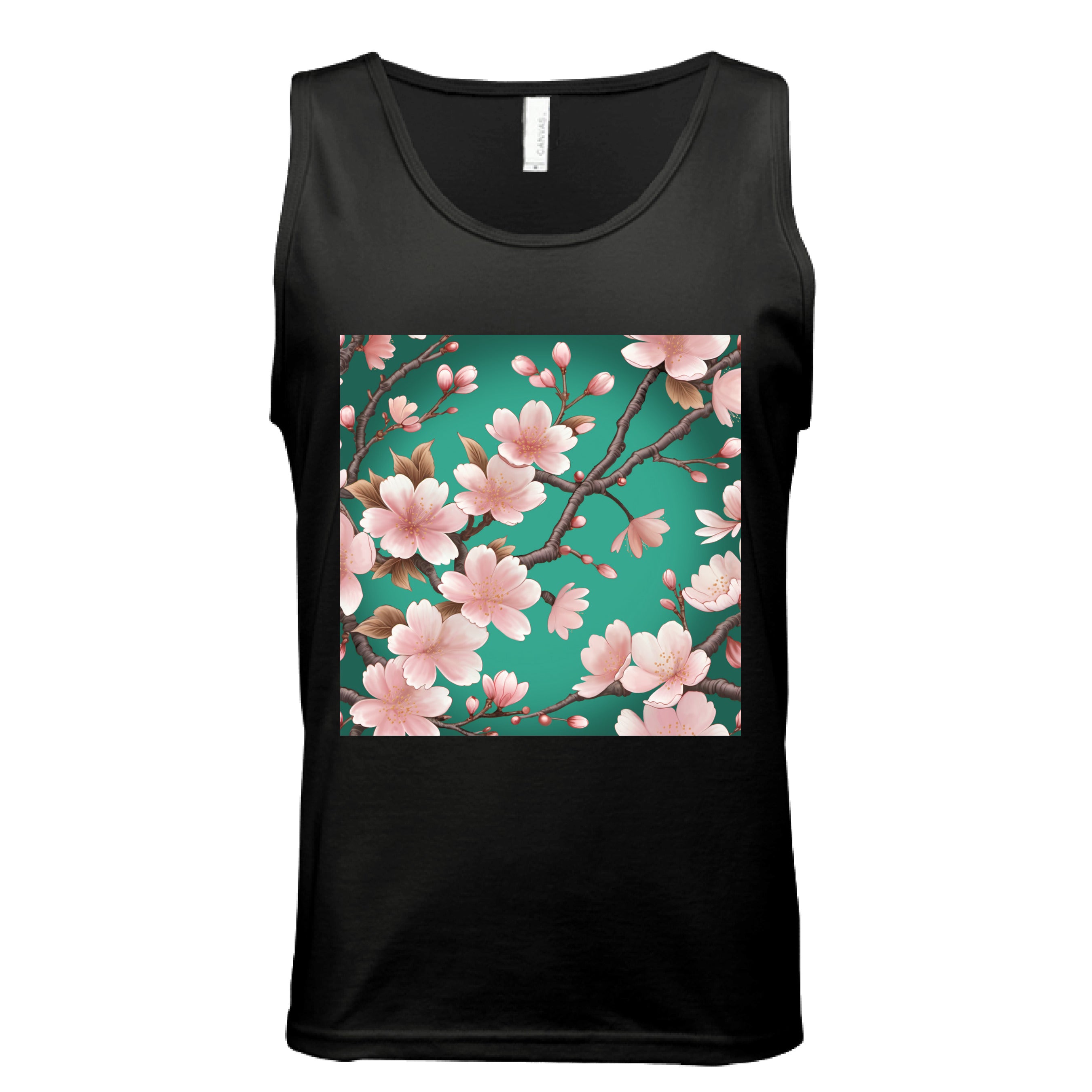 This is the Black Sakura Tank by Lee Hansheng Studios. This is showcasing the front of the tank. The illustration has a vibrant green background with soft pink cherry blossom blooms of petals on dark brown/grey branches celebrating hanami season. There are fully bloomed flowers and some buds throughout. The white size tag can be seen from the back. The image is from the chest to belly button. It is against a white background. 