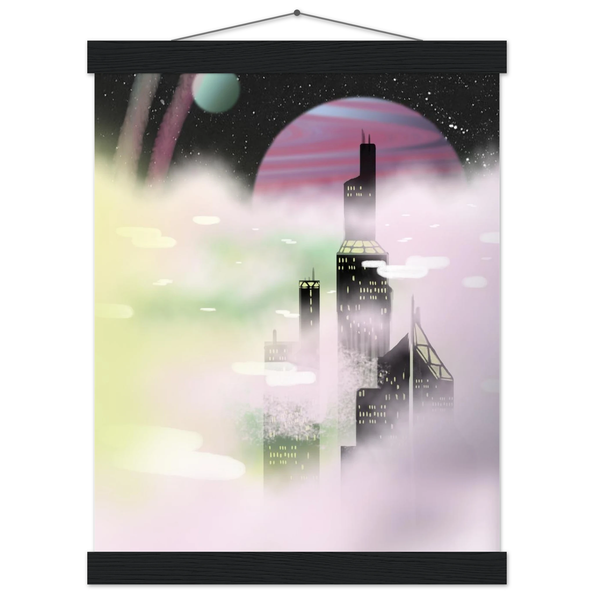 This is the Black 11" x 14" Space Environment Poster with Hanger by Chris Foster Design. It has a hanger attached to black wood on the top and wood on the bottom. Similar to a scroll. The illustration blends the sharp geometry of towering buildings shadowed in black with yellow windows. Ethereal glow of planetary skies including a dark sky, white dots as stars, circular planet in light blue, pink/purple, streaks of blue/pink in the sky and drifting clouds with hues of green, pink and white. 