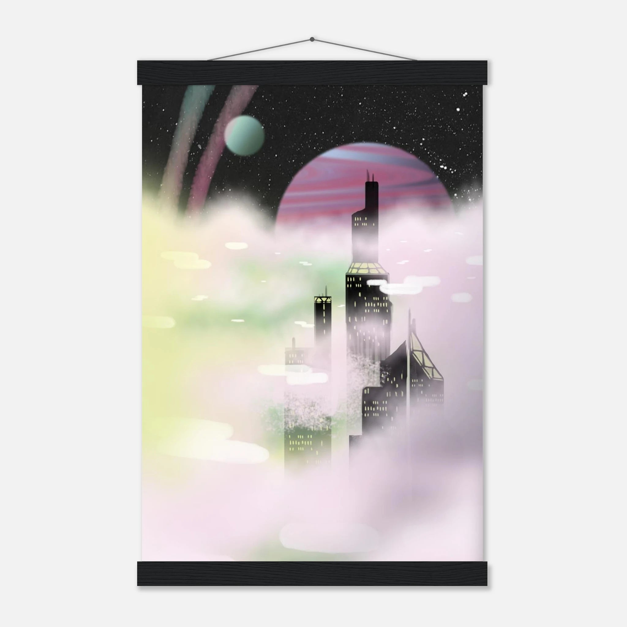 This is the Black 11" x 17" Space Environment Poster with Hanger by Chris Foster Design. It has a hanger attached to wood on the top. Wood on the bottom. Similar to a scroll. The illustration blends the sharp geometry of towering buildings shadowed in black with yellow windows. Ethereal glow of planetary skies including a dark sky, white dots as stars, circular planet in light blue, pink/purple, streaks of blue/pink in the sky and drifting clouds with hues of green, pink and white. 