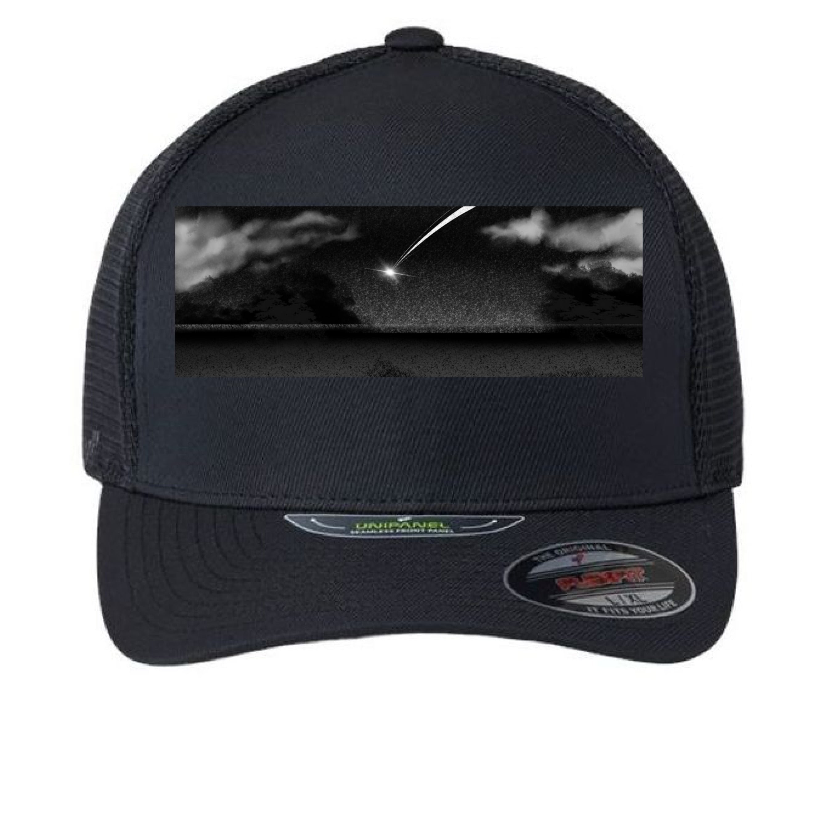 This is the Black Star Fall Cap by Lee Hansheng Studios. This is showcasing the cap from the front. The illustration is a meteor streaking through the sky. It is a moody piece that as gradients of black and grey, a little pixelated with white clouds in the forefront. The meteor is also white. It is against a white background.