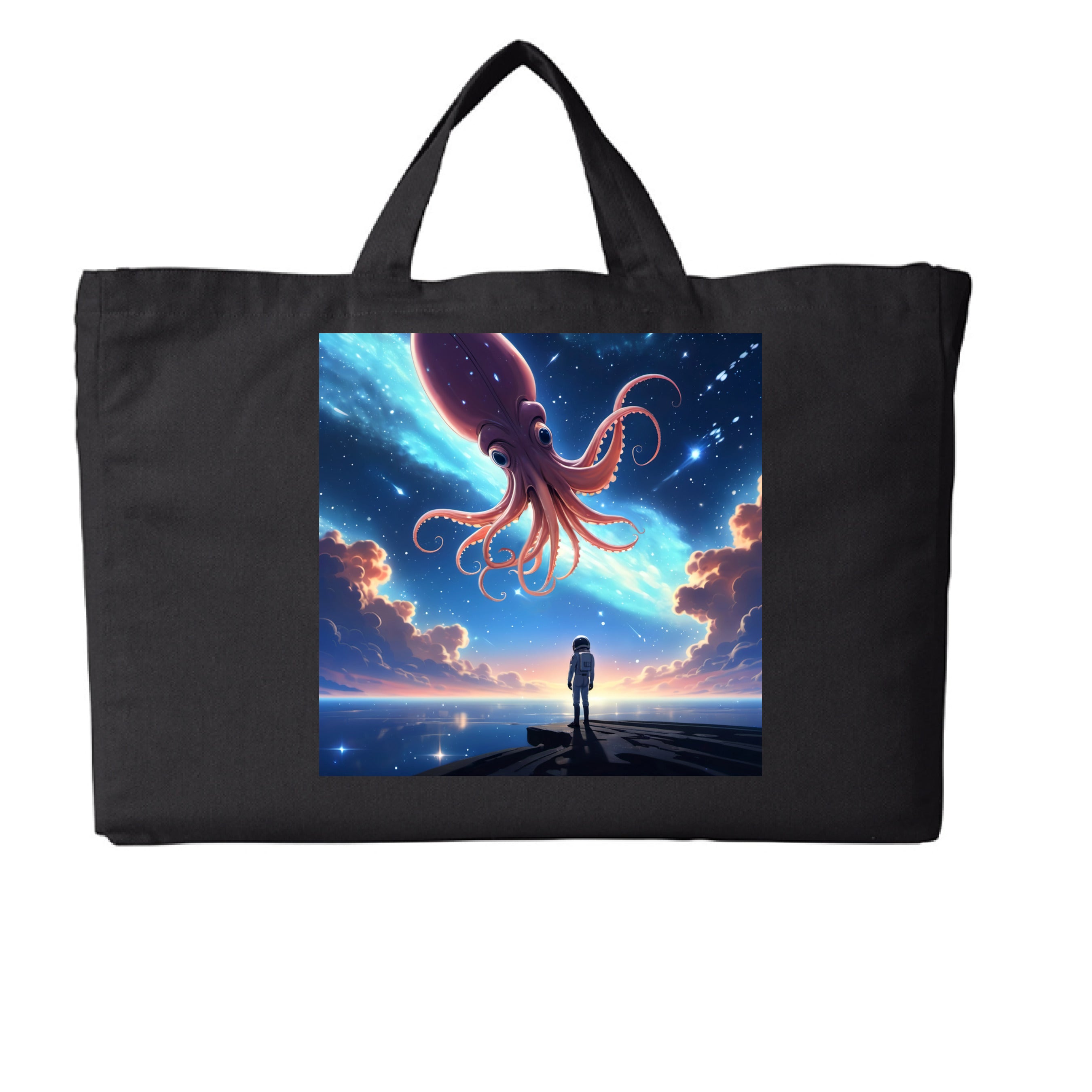 This is the Black Star Maker G2G Tote by Lee Hansheng Studios. This is showcasing the front. The illustration is squared.Features a lone astronaut in white, standing on a dark surface gazing at a pink octo-squid alien, drifting through a sky. The sky is alive with stars, nebulae, and clouds. The clouds are drifting up at the right and left with pink/blue hues. The sky is a light blue and the drifting stars behind the animal is a light blue. It is against a white background. 