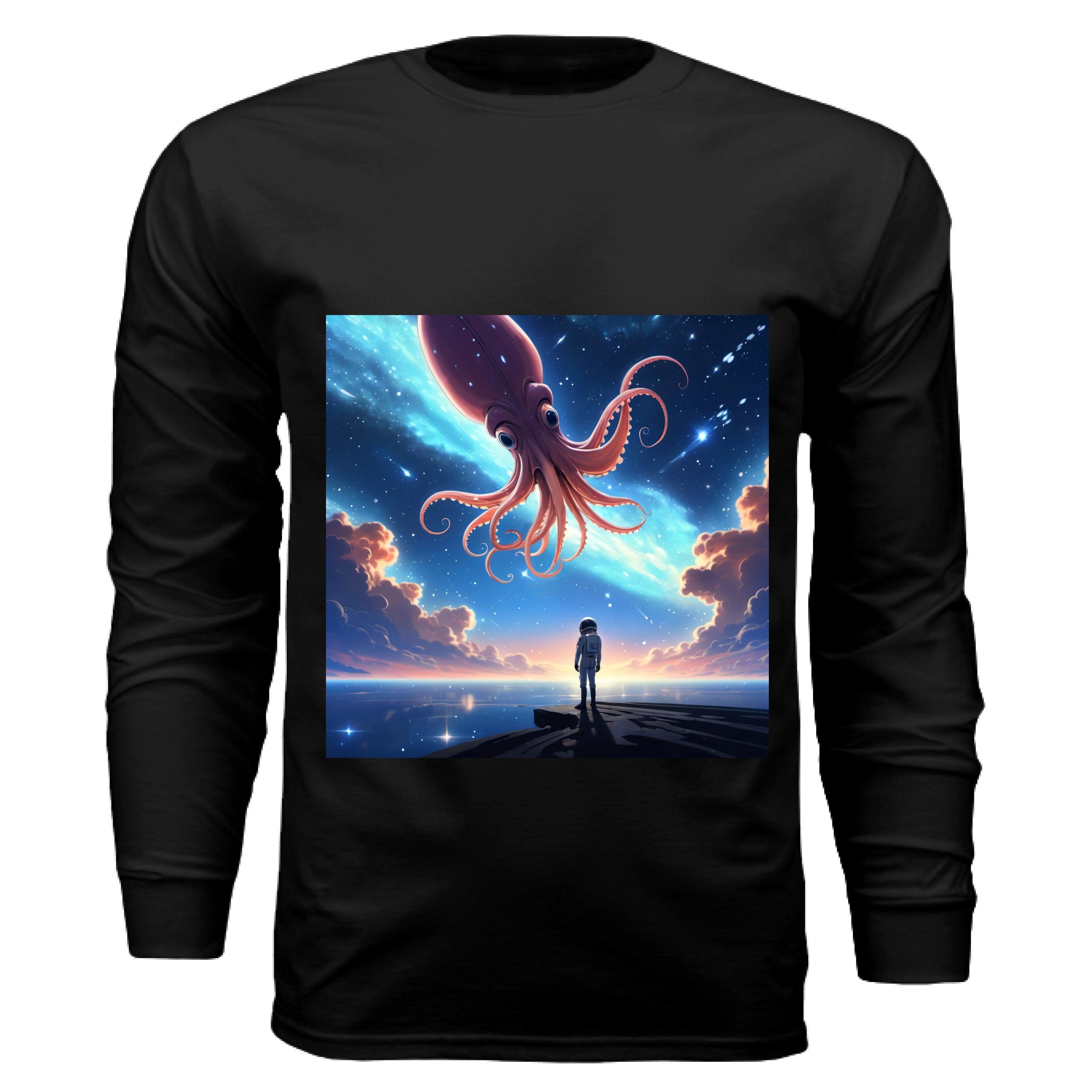 This is the Black Star Maker Long Sleeve by Lee Hansheng Studios. The illustration features a lone astronaut in white, standing on a dark surface gazing at a pink octo-squid alien, drifting through a sky. The sky is alive with stars, nebulae, and clouds. The clouds are drifting up at the right and left with pink/blue hues. The sky is a light blue and the drifting stars behind the animal is a light blue. It is against a white background. 