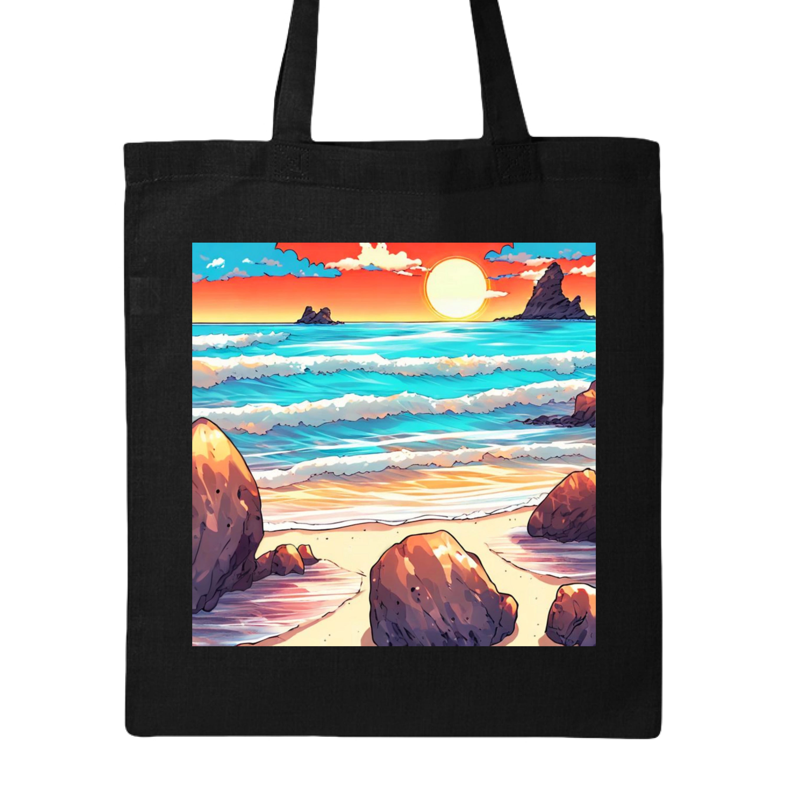 This is the Black Sunset Beach Canvas Tote by Lee Hansheng Studios. This image showcase the front of the tote and the illustration is squared. There's a glowing blue,white,seascape with vivid red,orange,yellow skies, rolling waves, and sunlit rocks along the shoreline that are bronze/brown and tan sand. The tote is against a white background.