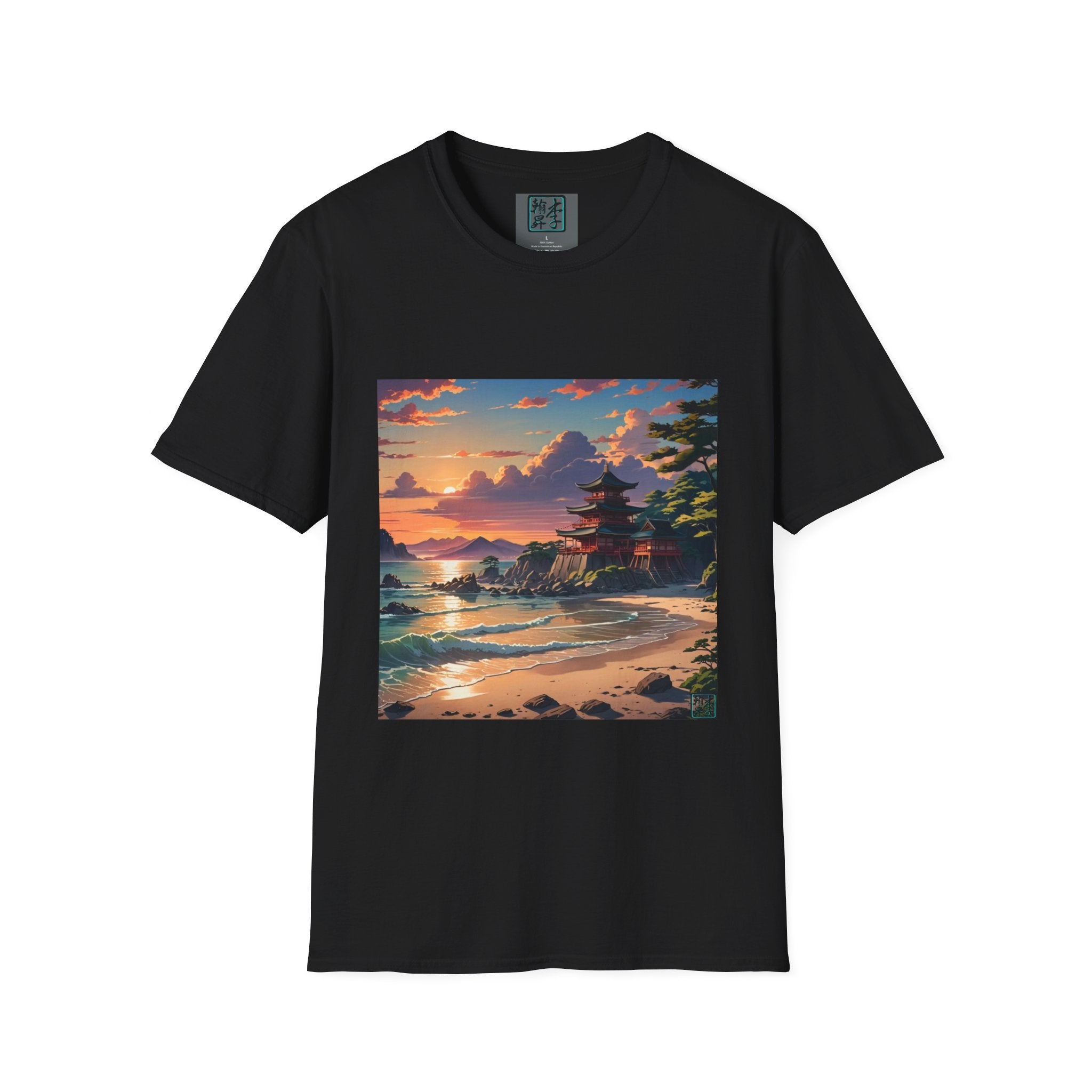 This is the Black Temple of Peace Softstyle T-Shirt by Lee Hansheng Studios. It comes in sizes S-5XL. This is an image of the shirt from the front. On the inside of the shirt there is the studio's logo. The illustration shows a setting red/orange sun above clouds,two blue roof,brown/red walled temples on the right on top of the hills,mountains,blue/white waves into sand and a forest to the right.On the bottom right corner is the logo printed in black for the studio and outlined in blue. 