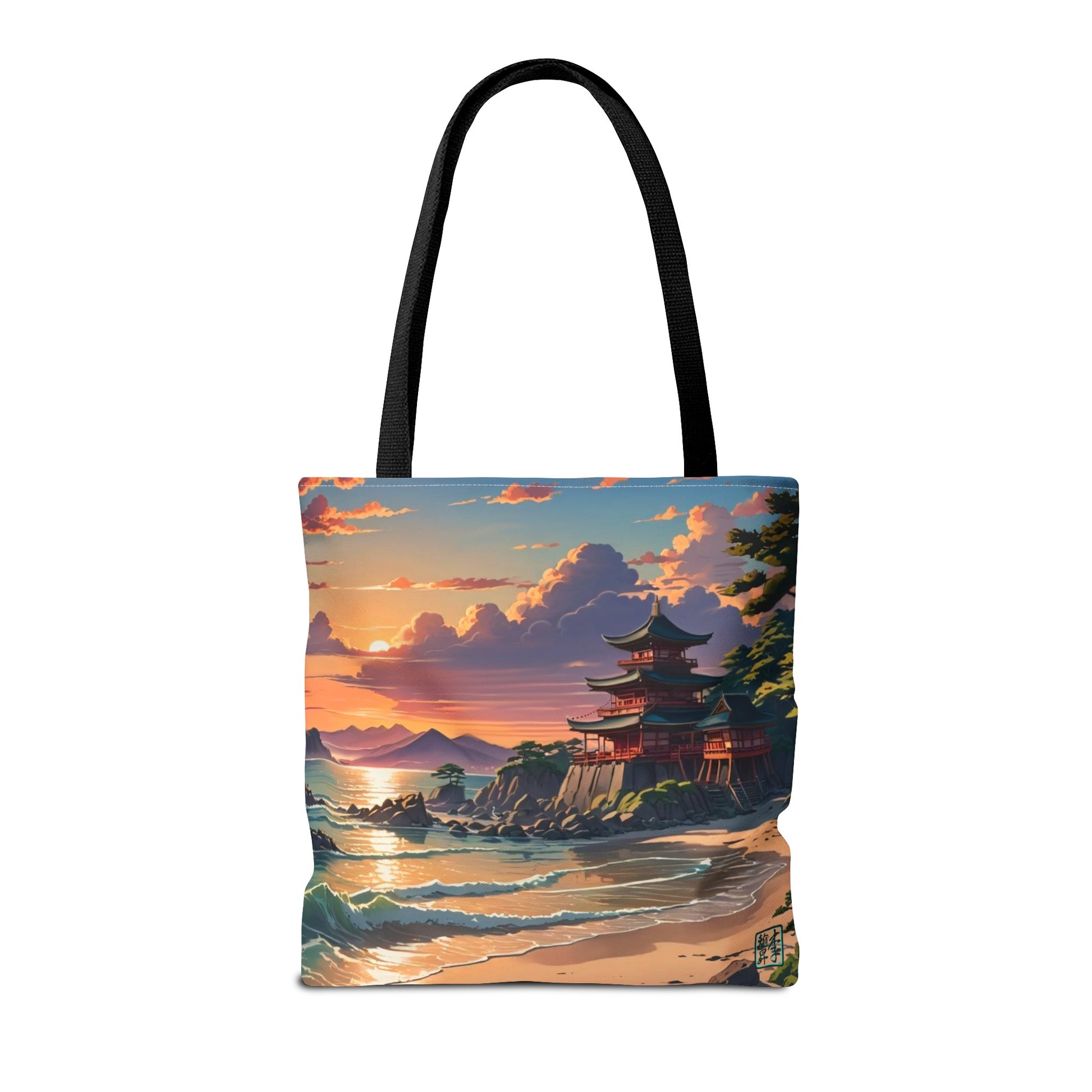 This is the Black 13" x 13" Temple of Peace All-over Print Tote Bag by Lee Hansheng Studios.The illustration shows a setting red/orange sun above clouds,two blue roof,brown/red walled temples on the right on top of the hills,mountains,blue/white waves into sand and a forest to the right.On the bottom right corner is the logo printed in black for the studio and outlined in blue. The tote is against a white background.