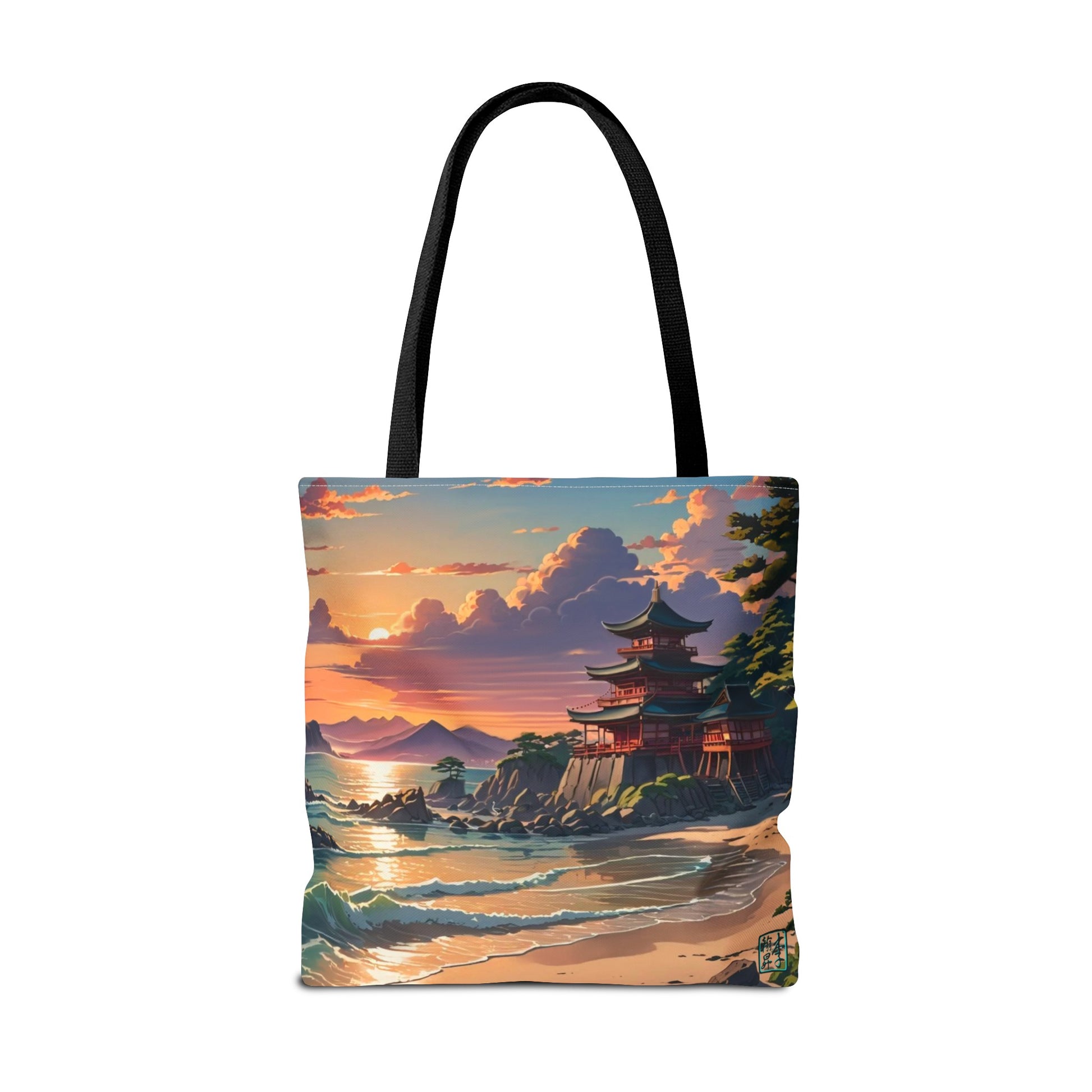 This is the Black 18" x 18" Temple of Peace All-over Print Tote Bag by Lee Hansheng Studios.The illustration shows a setting red/orange sun above clouds,two blue roof,brown/red walled temples on the right on top of the hills,mountains,blue/white waves into sand and a forest to the right.On the bottom right corner is the logo printed in black for the studio and outlined in blue. The tote is against a white background.
