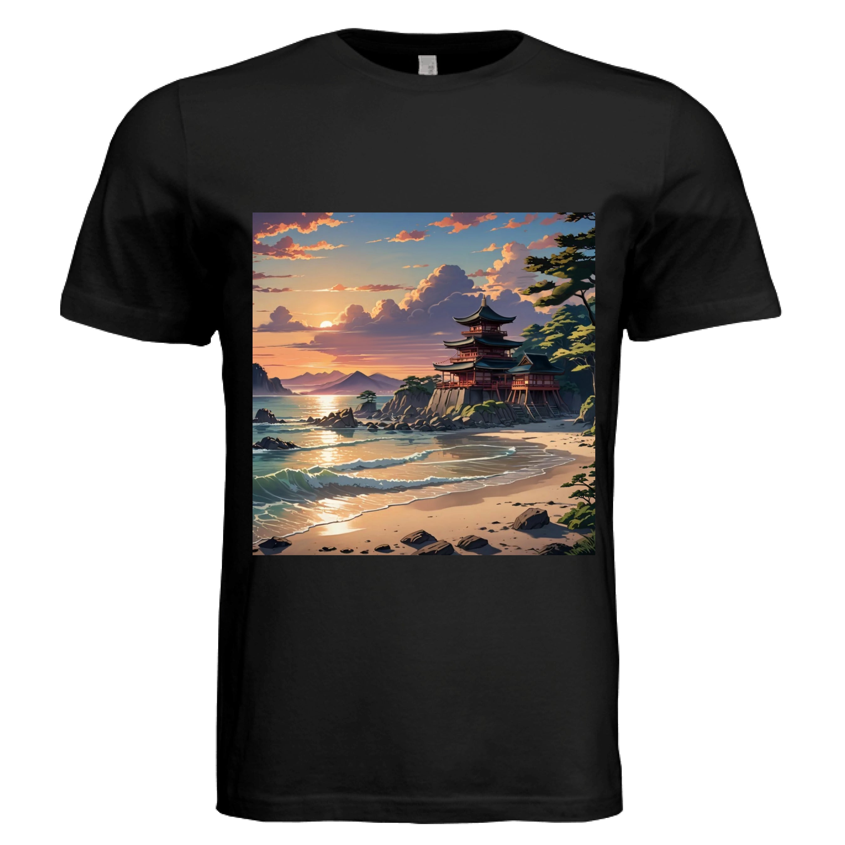 This is the Black Temple of Peace Muscle Tank by Lee Hansheng Studios. This is showcased from the front. The illustration in the forefront are crashing light blue, white waves hitting the tan beach, scattered rocks lining the beach to the right where trees are peaking out. In the back is a temple on rocky land that is red with green/black tops. In the background are more mountains and fluffy clouds with the sun rising. The sky is mixed with blue, yellow and red colors.It is against a white background. 