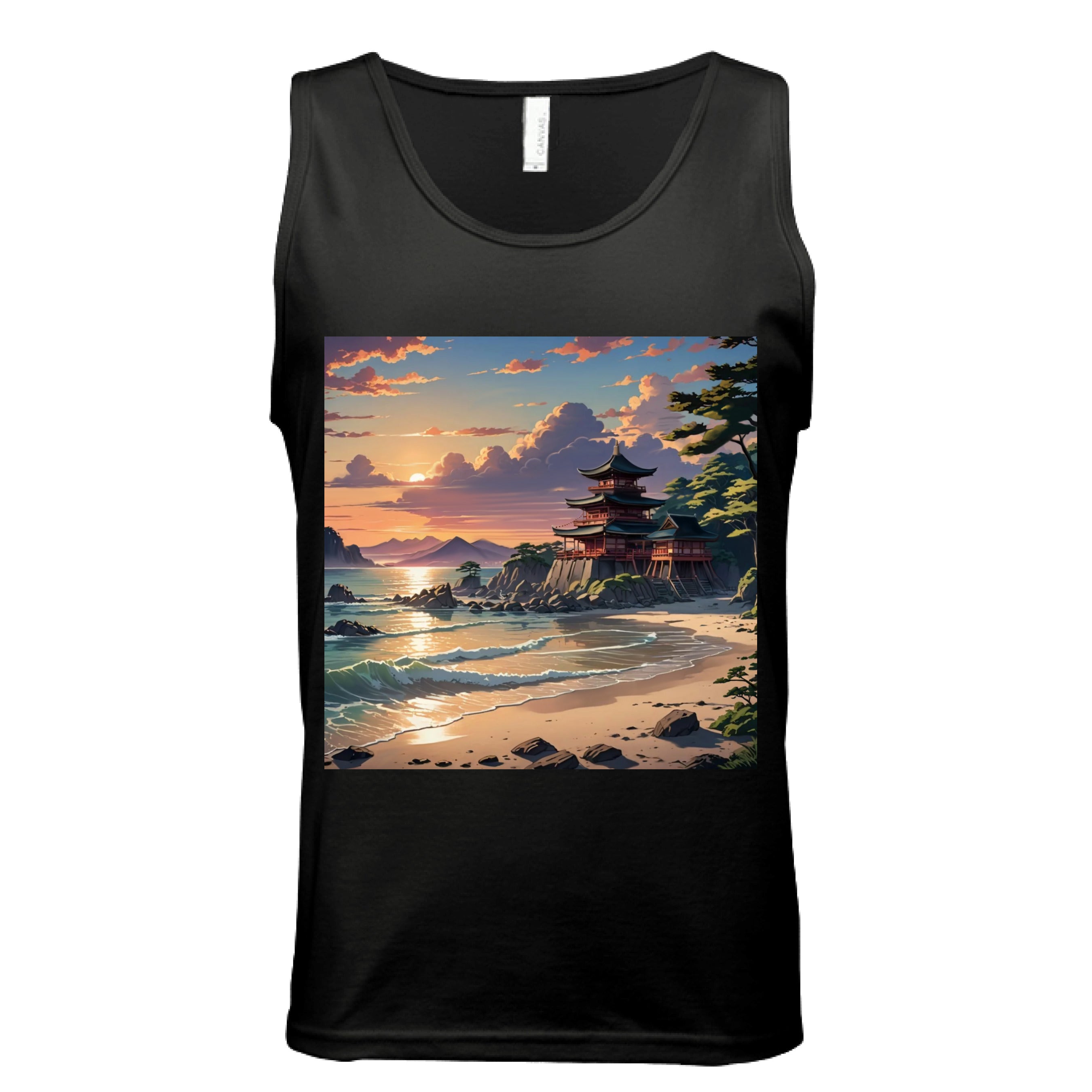 This is the Black Temple of Peace Tank by Lee Hansheng Studios. This is showcased from the front. The illustration in the forefront are crashing light blue, white waves hitting the tan beach, scattered rocks lining the beach to the right where trees are peaking out. In the back is a temple on rocky land that is red with green/black tops. In the background are more mountains and fluffy clouds with the sun rising. The sky is mixed with blue, yellow and red colors. It is against a white background. 
