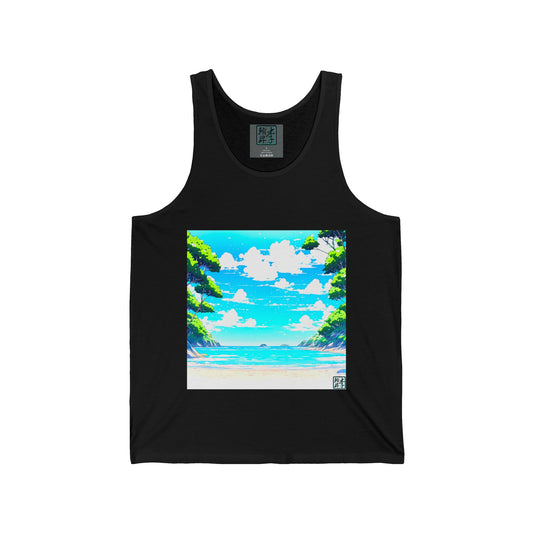 This is the Black Tranquil Cove Tank by Lee Hansheng Studios. This is the image tank from the front. The illustration is squared and shows an image from the beach looking outwards. There is bright blue skies, white fluffly clouds reflected in the sea with trees lining both sides. The inside of the tank has the studio's logo in black, outlined in blue on a gray label. The sizes underneath the logo in white. 