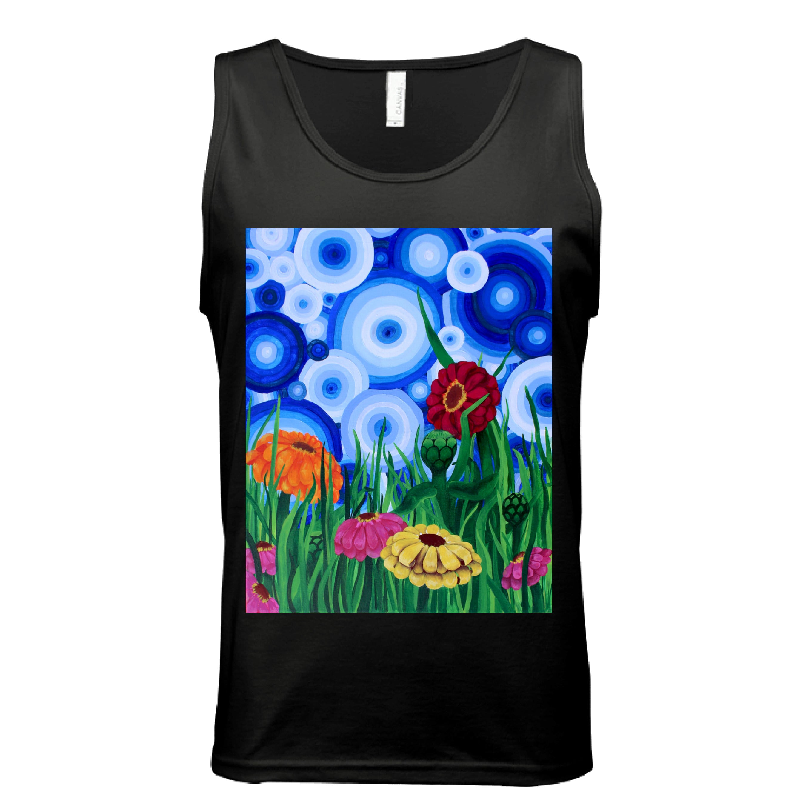 This is the Black Zinnia 2 Tank by Storm Garden Studio. This showcases the front of the tank. The rectangular illustration are bold and color zinnias like red, yellow and orange across tall green grass. The background has many different circles in blue, dark blue and white. The tank is against a white background.