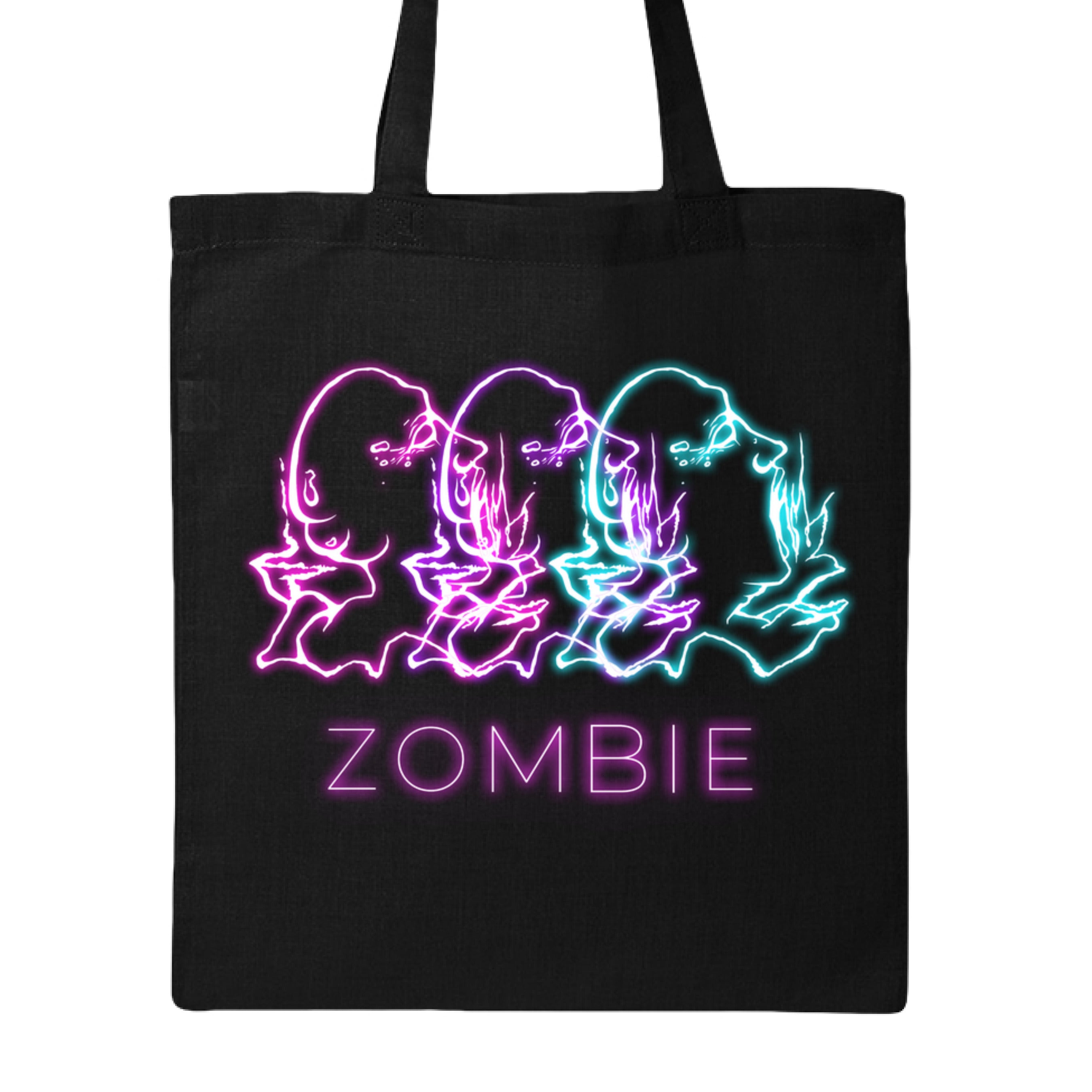 This is the Black Zombie Canvas Tote by Chris Foster Design. This is showcasing the front of the tote. The illustration has retro arcade vibes. The colors are vibrant pink, purple and teal in neon. The zombies are layered together facing the right with their mouths open looking up. Below are the words in neon pink/purple, "ZOMBIE". It is against a white background.