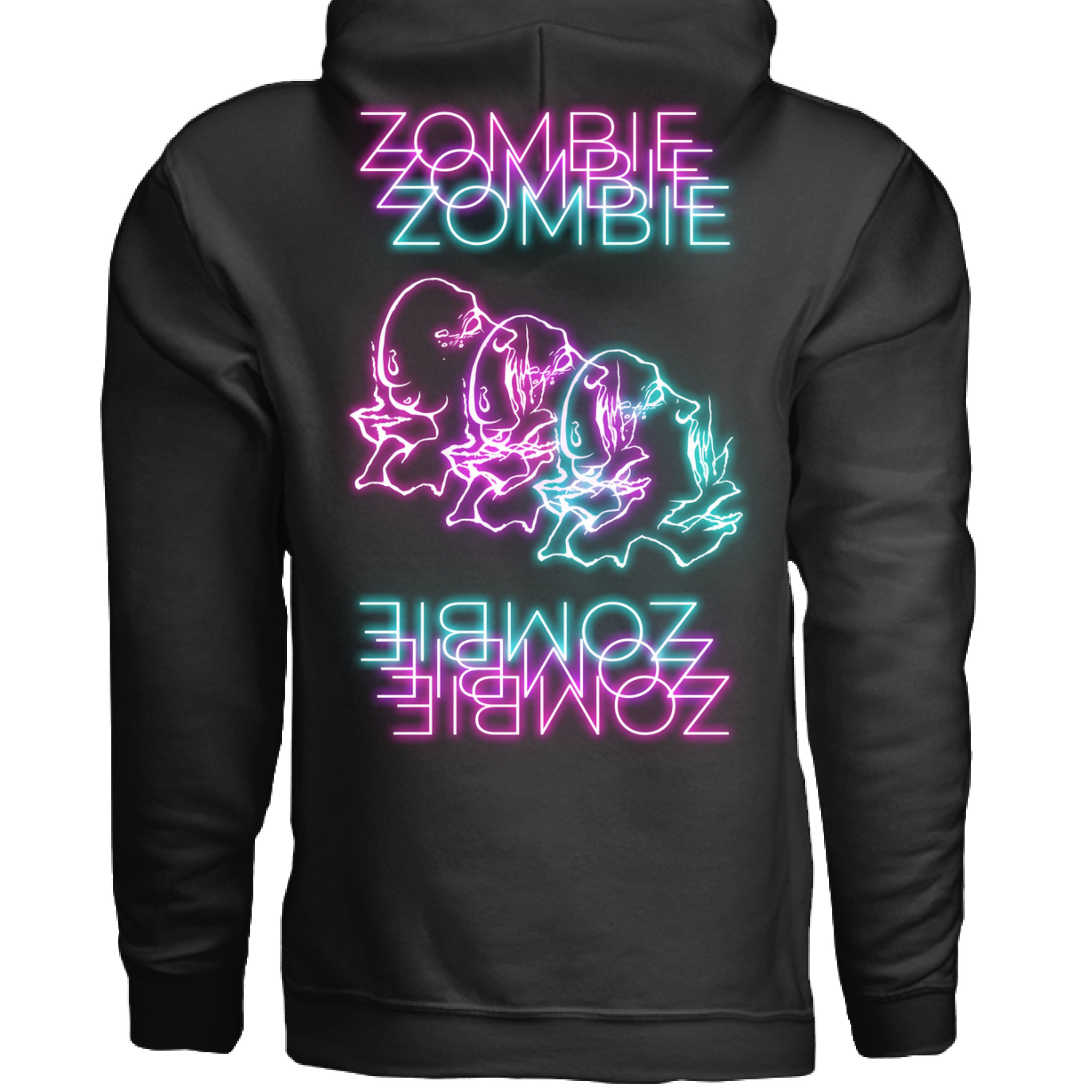 This is the Black Zombie Hoodie by Chris Foster Design. This is showcasing the back of the shirt. The illustration has retro arcade vibes. The colors are vibrant pink, purple, green and teal in neon. The zombies are layered together facing the right with their mouths open looking up. The words below and above are the words in neon pink,purple,green and blue. "ZOMBIE". The back of the hood can be seen and is against a white background. 