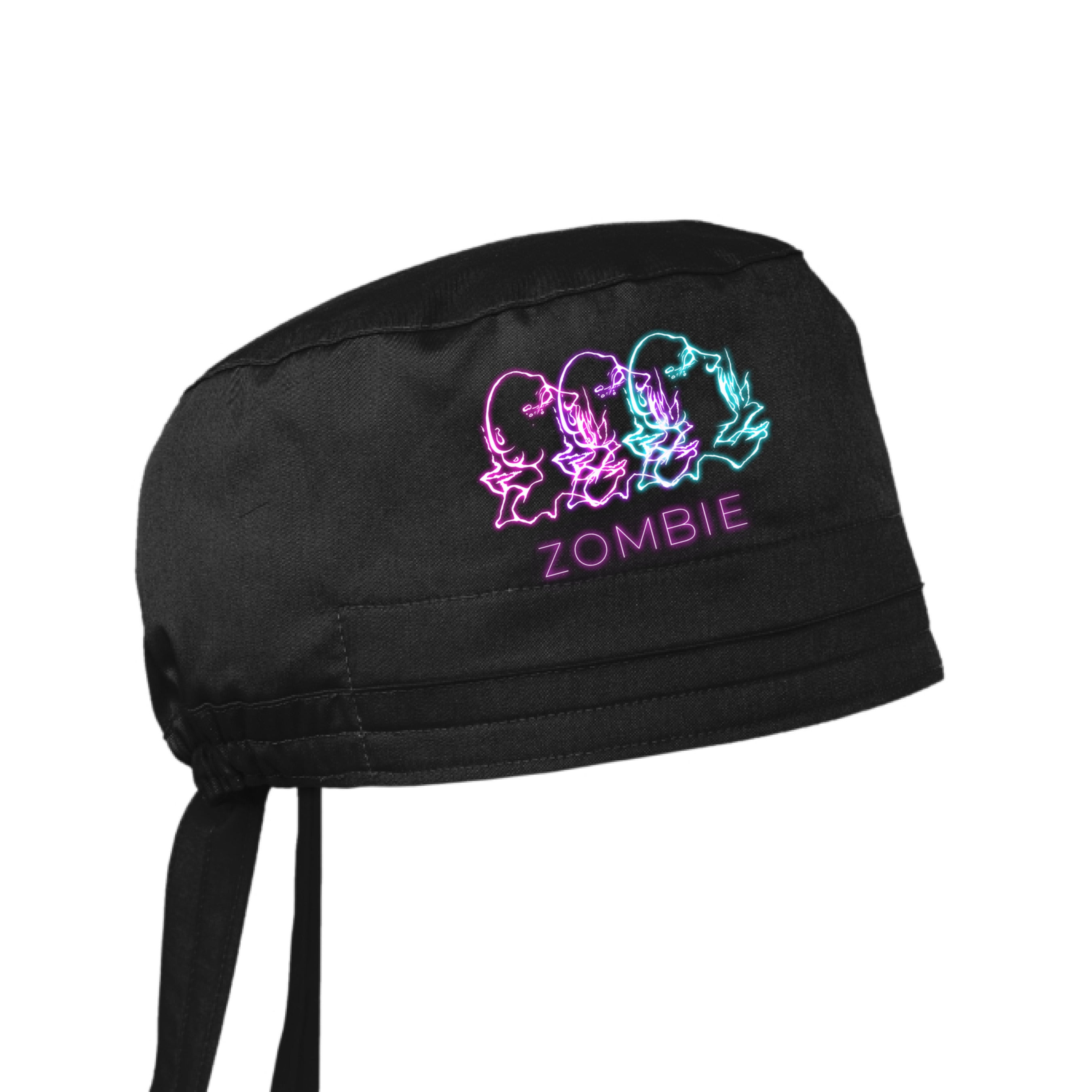 This is the Black Zombie Scrub Cap by Chris Foster Design. This is showcasing the front. The illustration has retro arcade vibes. The colors are vibrant pink, purple and teal in neon. The zombies are layered together facing the right with their mouths open looking up. Below are the words in neon pink/purple, "ZOMBIE". It is against a white background. 