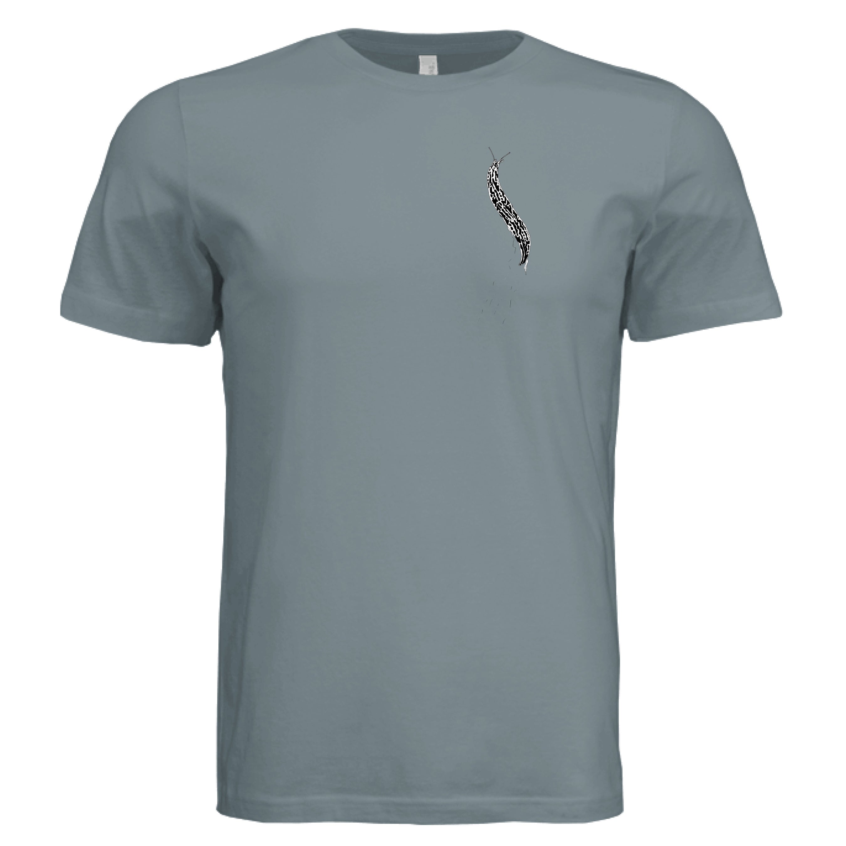 This is the Blue Storm Banana Slug T-Shirt by Storm Garden Studio. This showcases the front of the shirt. There is a banana slug in black and white on the left chest. There is a large pouch too. It is against a white background. 