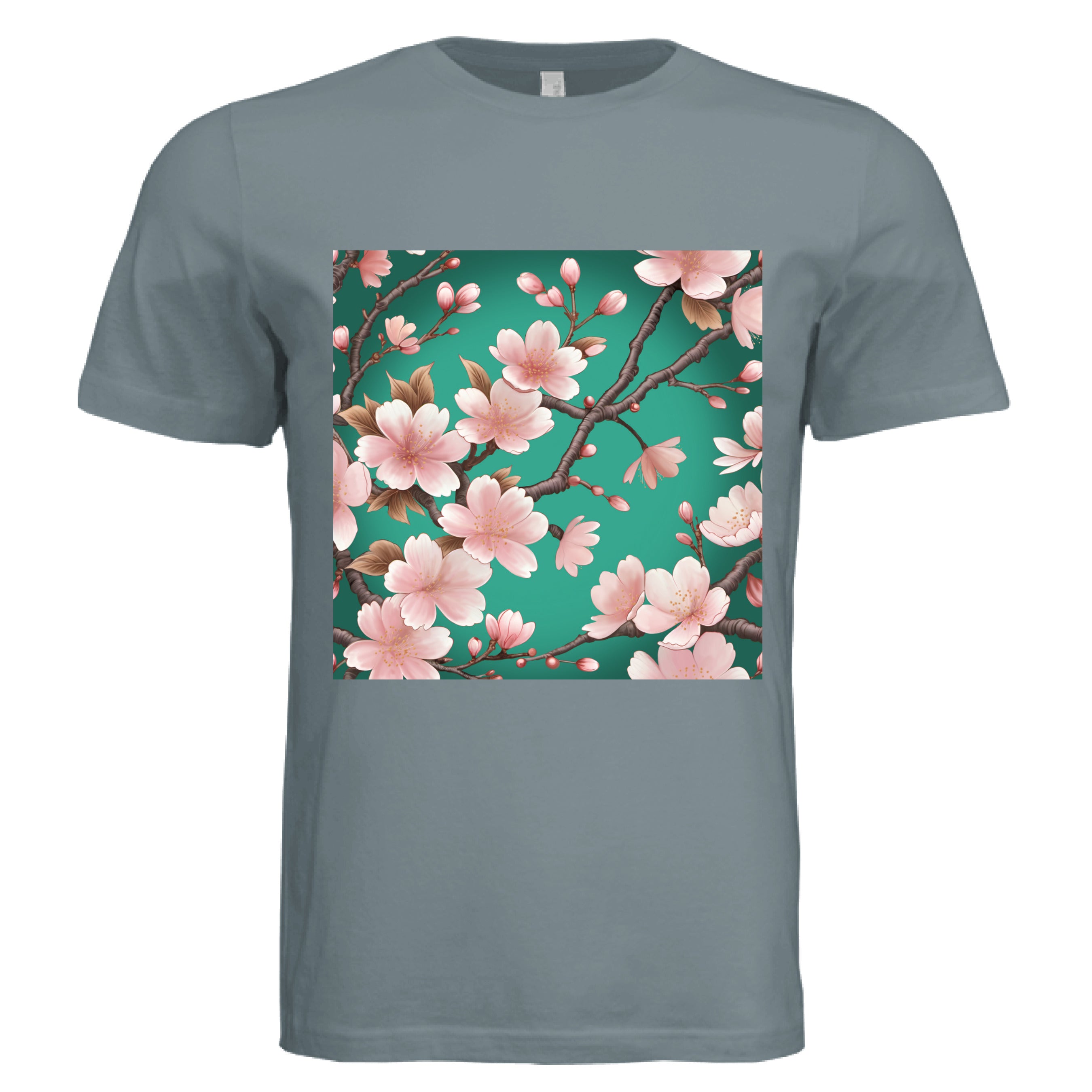 This is the Blue Storm Sakura T-Shirt by Lee Hansheng Studios. This is showcasing the front of the shirt. The illustration has a vibrant green background with soft pink cherry blossom blooms of petals on dark brown/grey branches celebrating hanami season. There are fully bloomed flowers and some buds throughout. The white size tag can be seen from the back. The image is from the chest to above the belly button. It is against a white background. 