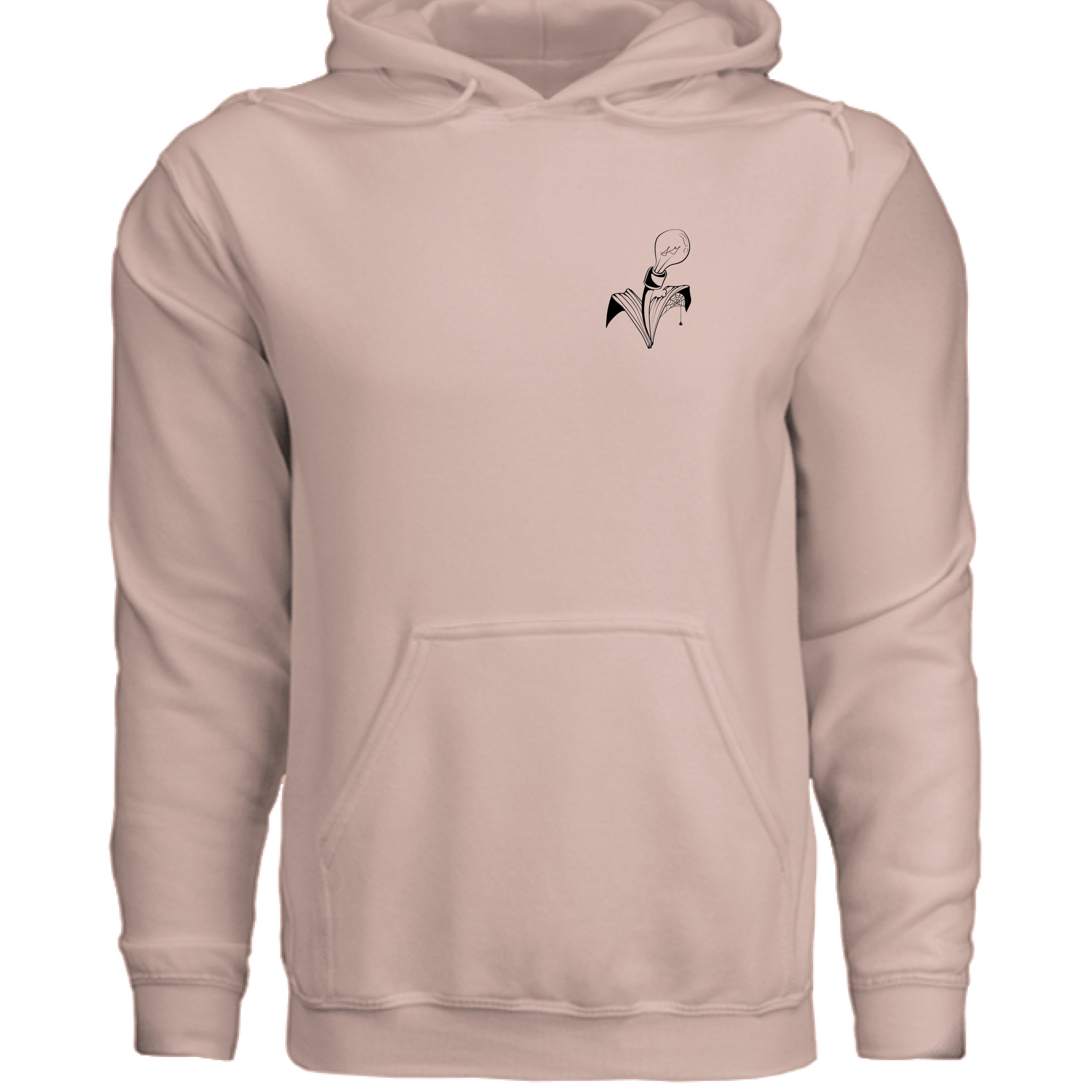 This is the Blush Pink City of Oz Hoodie by Storm Garden Studio. This image is showcasing the front of the hoodie. There are two drawstrings attached to the hood with a large pouch from the middle to the bottom. On the left breast pocket is the image of the studio logo. The logo is a plant that has two leaves, one of the leaves is bitten with a spiderweb and spider on the it. The flower of the plant is a lightbulb. The logo is all in black and against a white background. 