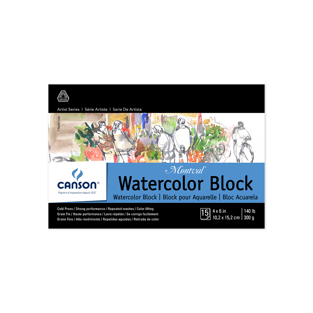 This is the Canson Montval Watercolor Block that includes 15 sheets and are 4x6. It is 140lb/300g, with artwork, Canson's logo, and the block is against a white background.