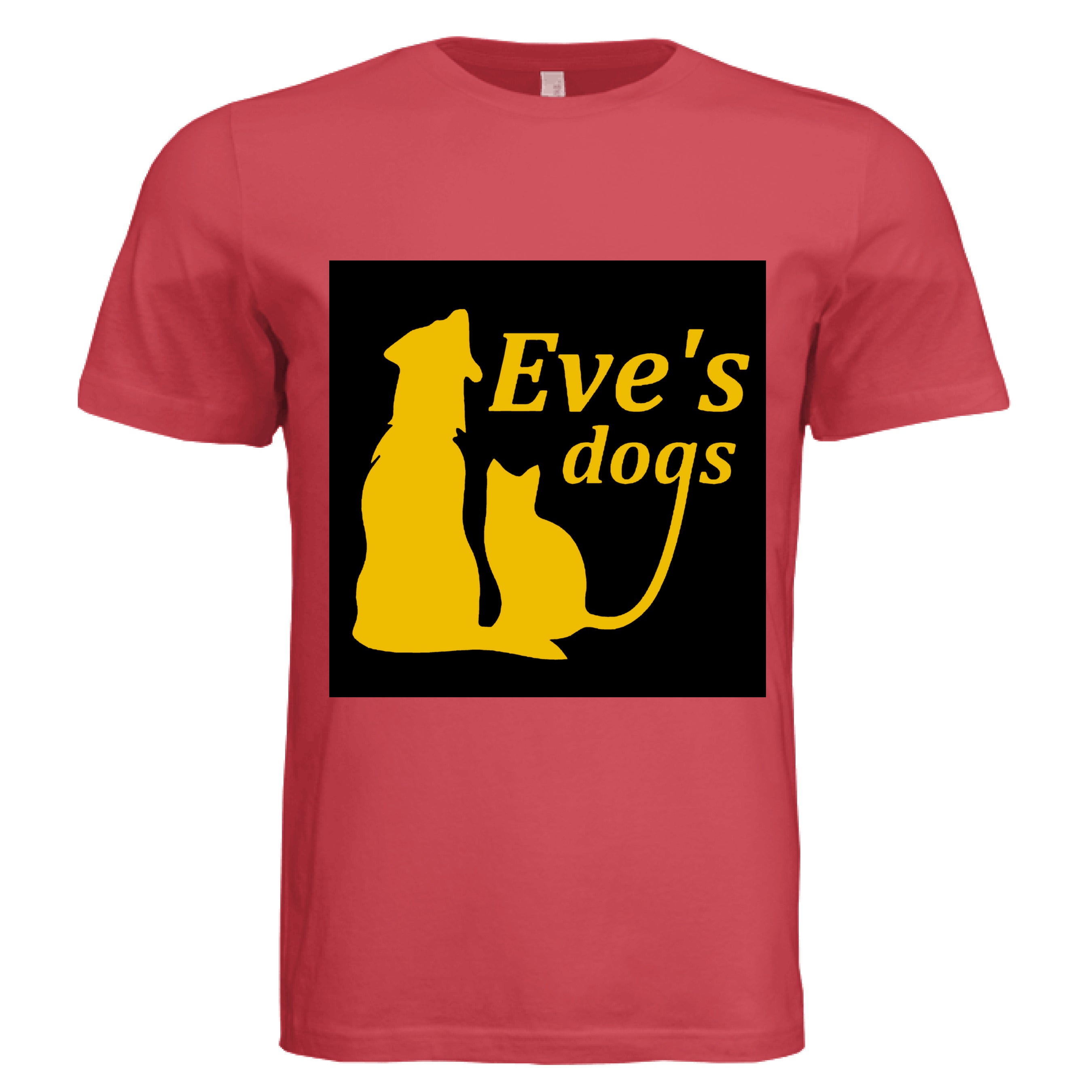 This is the Canvas Red Adopt Eve's Dogs T-Shirt to help raise awareness and adopt. This is showcasing the front of the shirt. There is an image of their logo which the background is black, yellow writing of "Eve's Dogs". The "g" connects to the tail of the cat who is sitting next to the dog. Both are yellow shadows. The white size label can be seen at the inside of the shirt. It is against a white background.