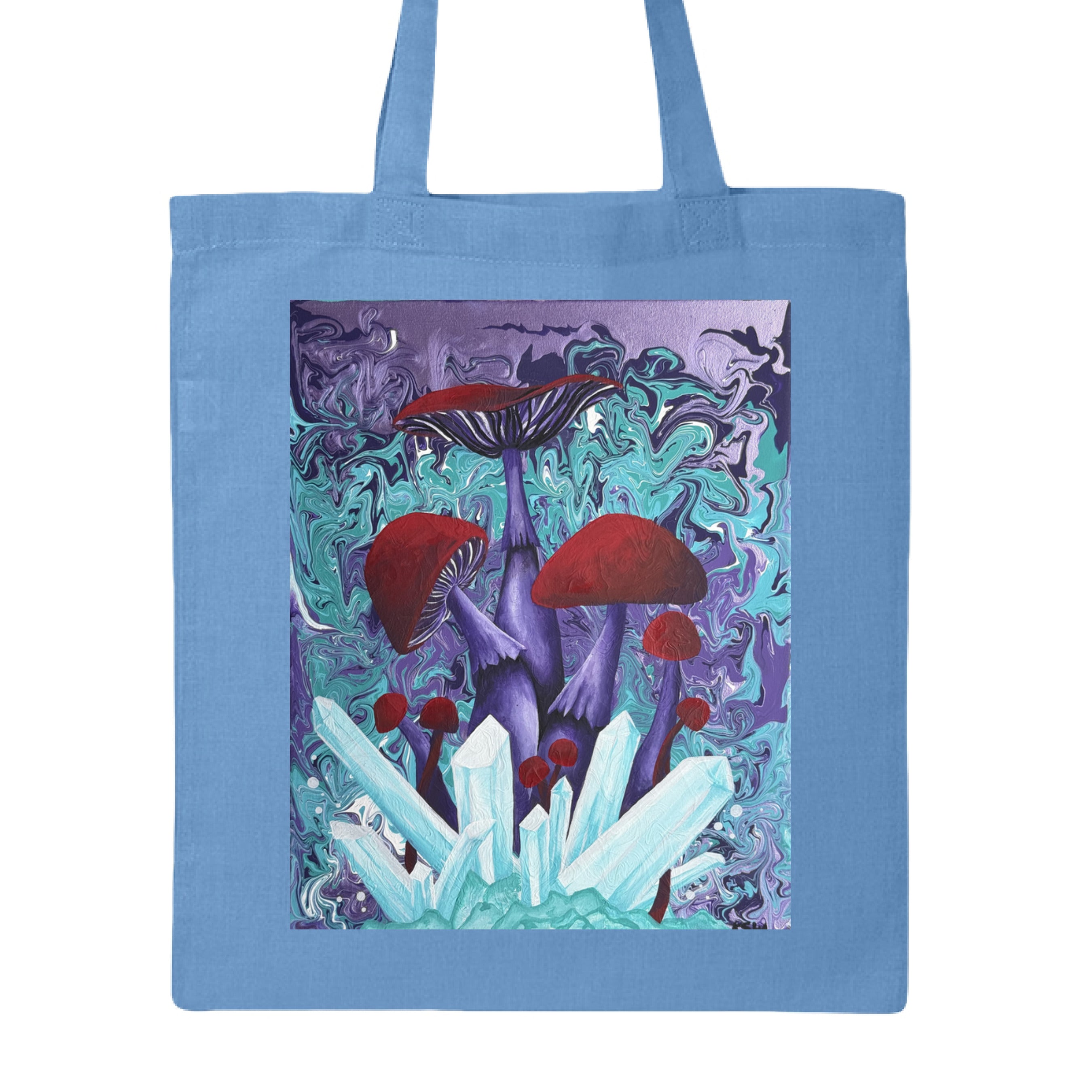 This is the Carolina Blue Crystal Mushrooms Canvas Tote by Storm Garden Studio. This is showcasing the front of the tote. The illustration is rectangular and has a blue, purple, dark purple and white pouring or mixing in the background. In the forefront are blue and white crystals coming up from the ground. Behind that are different sizes of mushrooms, circular, rounded tops and flared with shades of red. The stems of the mushroom are dark purple. The tote is against a white background.