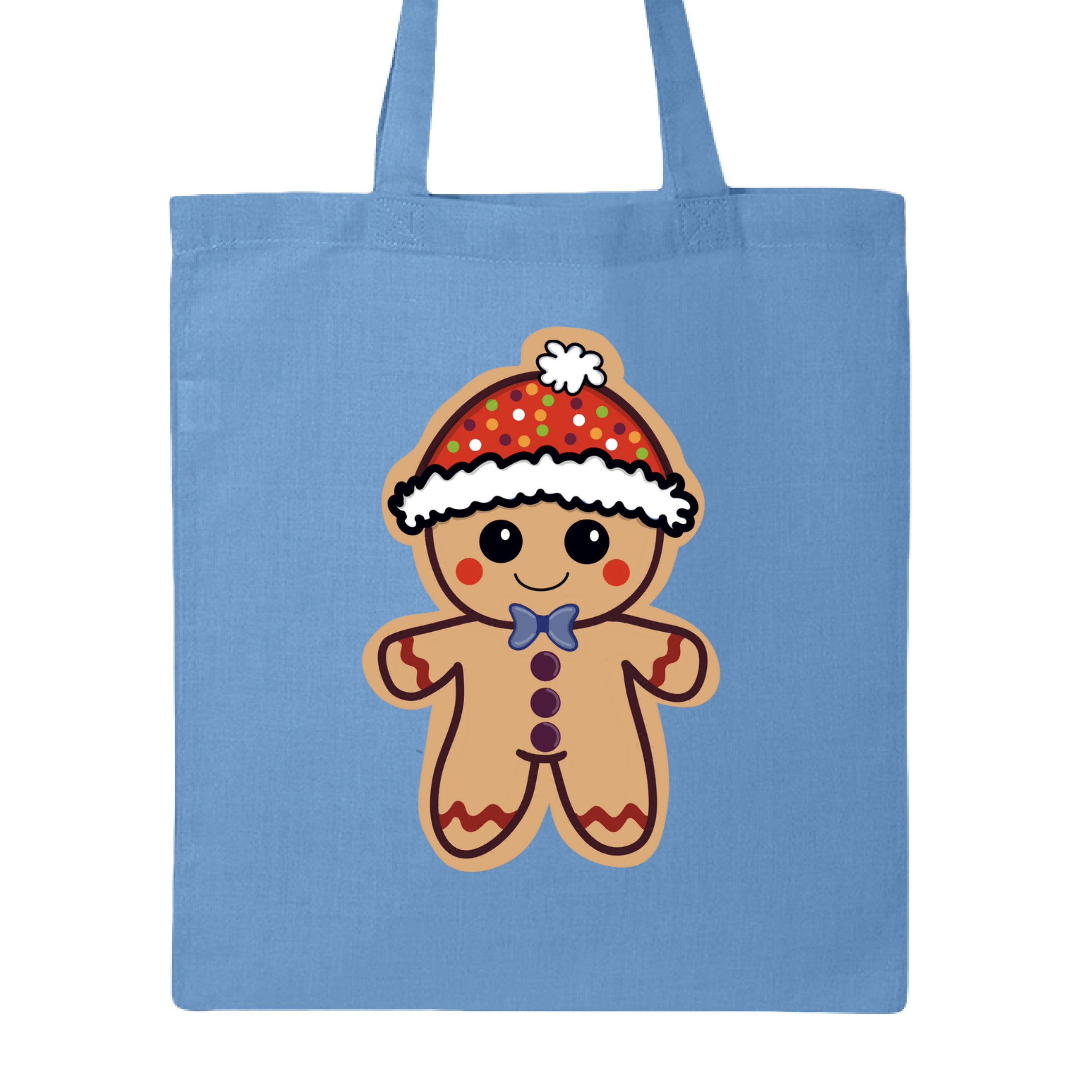 This is the Carolina Blue Ginger Bread, Ginger Dead Canvas Tote by Dazzle & Daggers Design. This is showcasing the front of the tote. The illustration is of a tan ginger bread who is smiling, red circular cheeks, red zigzags on arm and legs. The gingerbread man is wearing a polka dotted hat with a white puff and lining around the hat. The polka dots are green, blue, purple white and orange. It is against a white background.