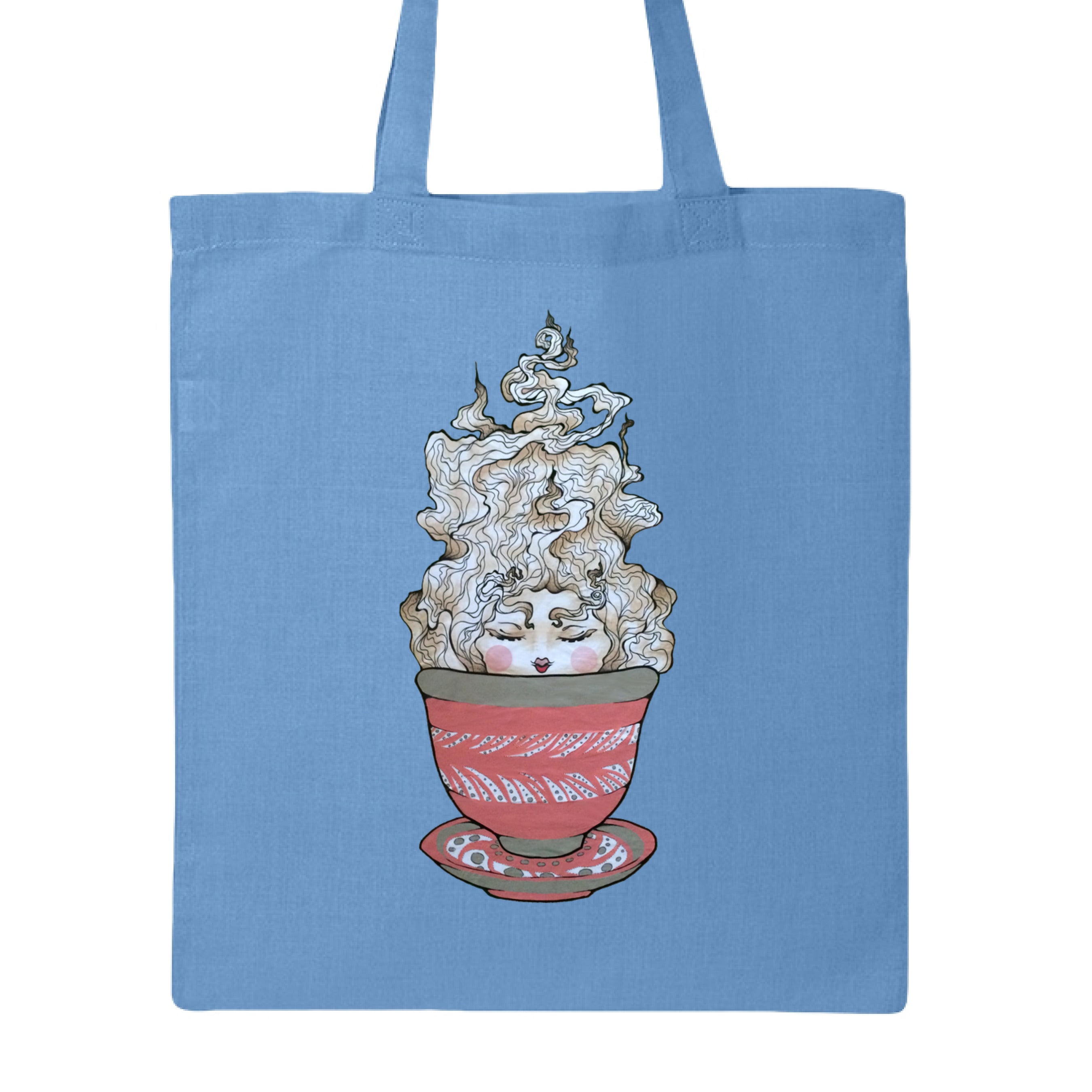 This is the Carolina Blue Green Tea Canvas Tote by Chris Foster Design. This is showcasing the front of the tote. The illustration is a tea sprite. There's a woman's face with curly hair/steam that is white and tan/beige inside an intricately designed pink/red teacup with a saucer that has white and black dashes or swirl patterns. The tote is against a white background. 