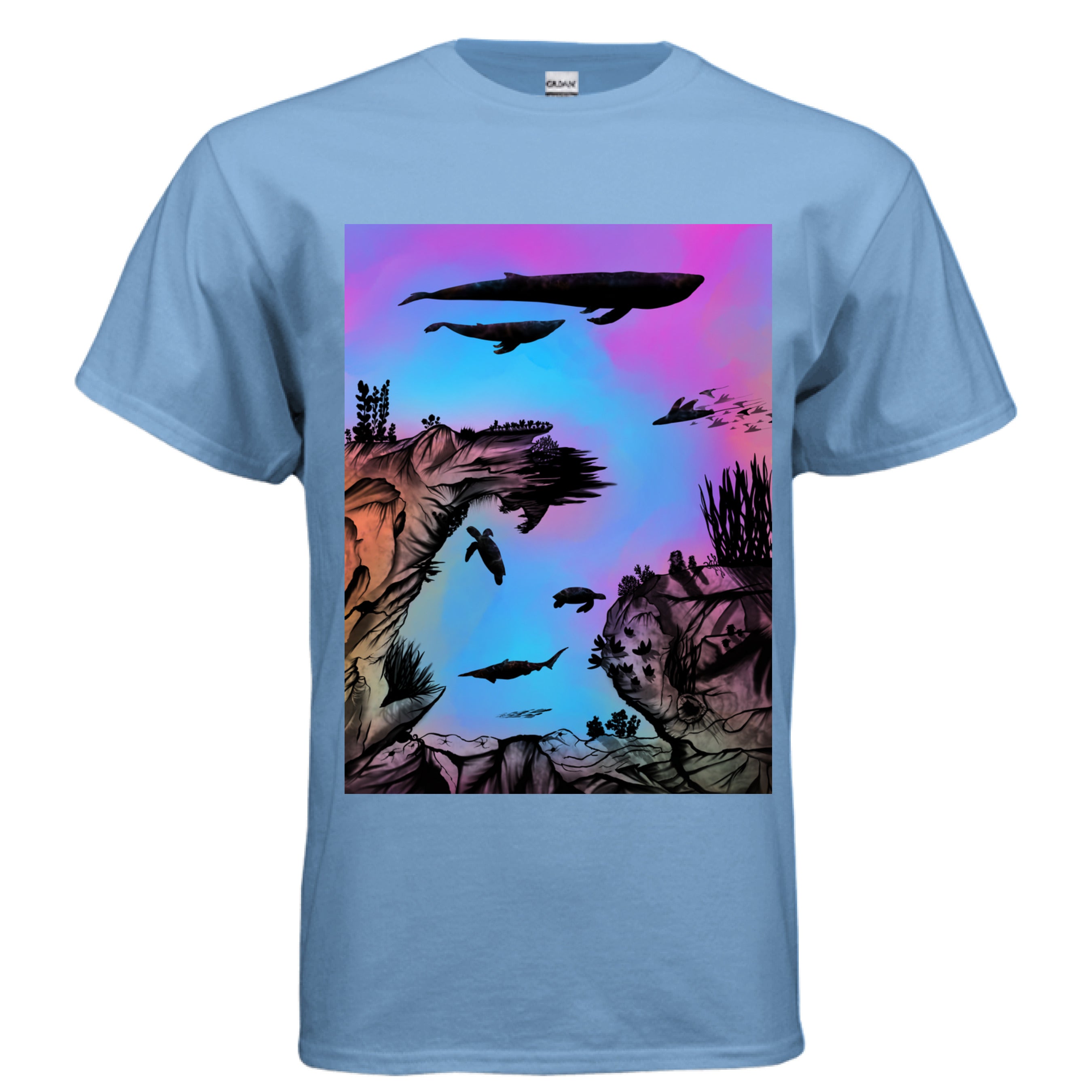 This is the Carolina Blue Into the Abyss T-Shirt by Lee Hansheng Studios. This is showcasing the front. The illustration is of an otherworldly underwater world alive with graceful black silhouettes drifting against a luminous gradient of blues, purples, and warm tones throughout the water. To the left, right and bottom are sediment, rocks, seaweed throughout. The top has a humpback whale, another whale, below are a pool of mantis rays, two sea turtles, sea of fish. The white size label can be seen.