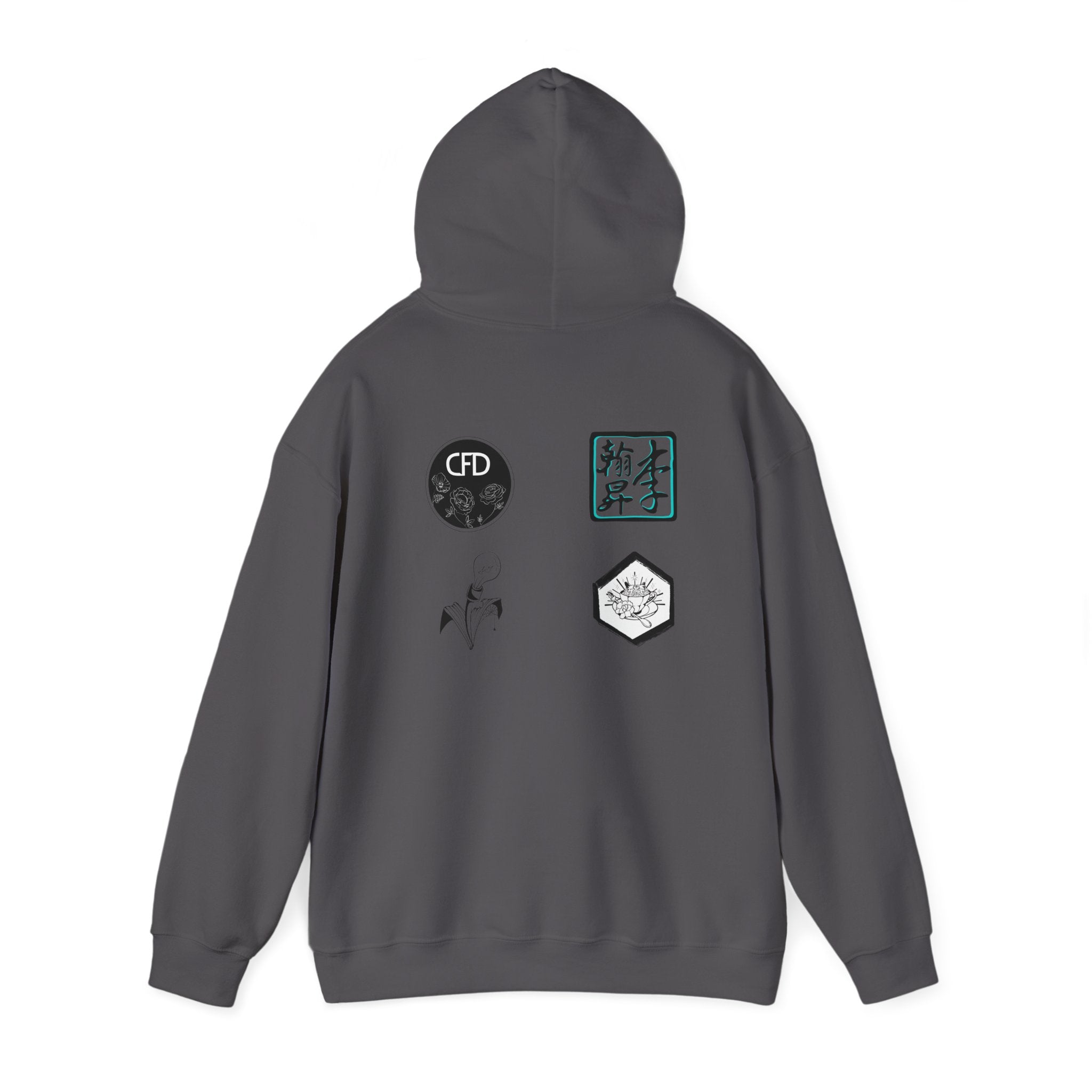 This is a Charcoal ACI hoodie showcasing the back of it. The hood is lifted up and the four studios' logos are between the shoulder blades. The logos are printed in mostly white and black. There is some bright blue for one of the logos. The sleeves and end of the hoodie have stitching by the wrist and waist areas. The rest of the hoodie is the color charcoal.
