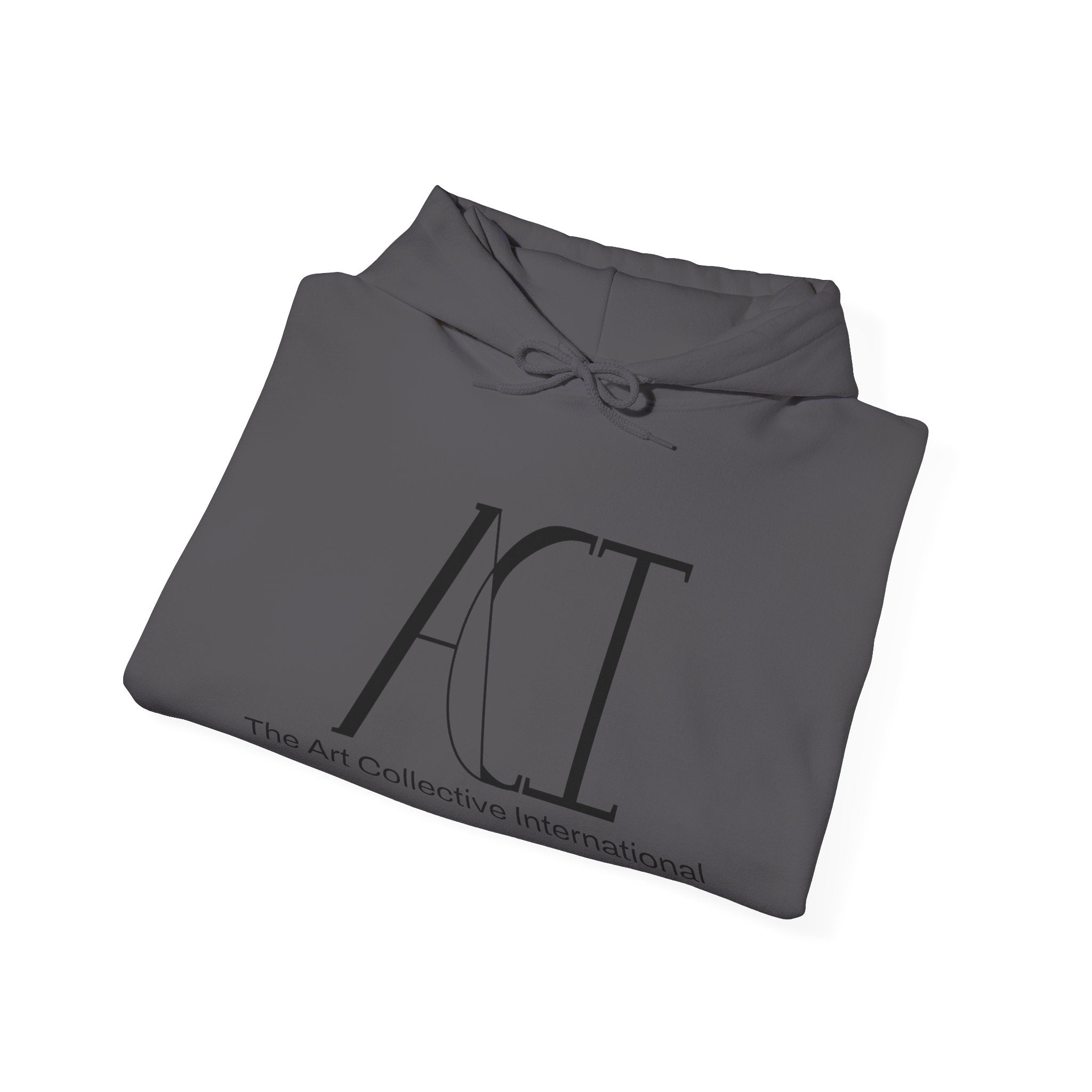 This is the Charcoal ACI Hoodie that has been folded to show the front. The ACI logo is large and printed in black.  Right underneath the logo is "The Art Collective International" printed smaller and in black. The drawcord is tied in a bow and color matched to the rest of the hoodie.