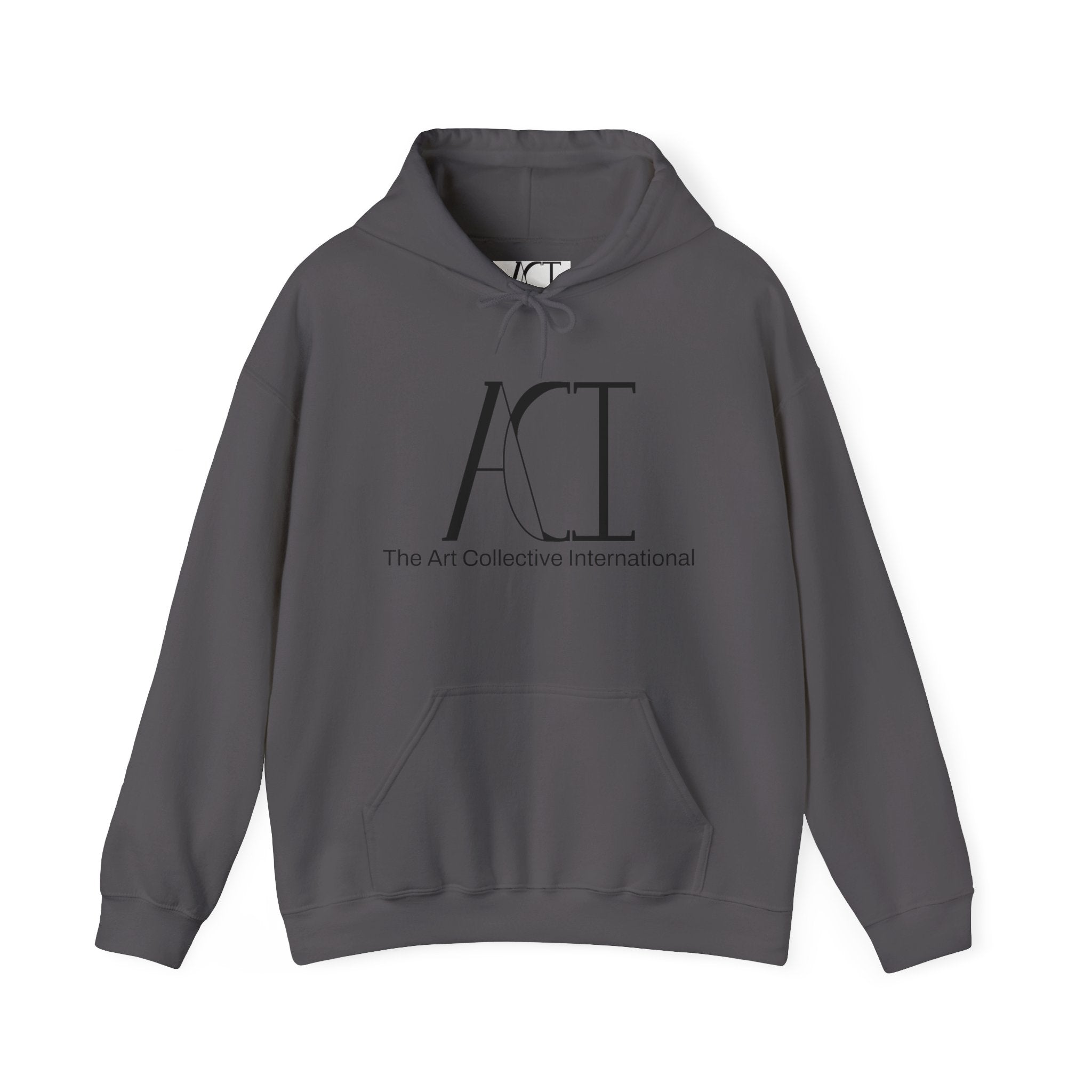This is the Charcoal ACI hoodie that showcases a large ACI logo printed in black near the top middle of the hoodie. Underneath the logo in back is, "The Art Collective International" in smaller print. It is a full picture of the front with the color-matched drawcord. The size label is white and printed on rather than a tag. The ACI logo is black on the size label. There is stitching by the wrists and waist areas. Also, a large pocket to place your arms in.